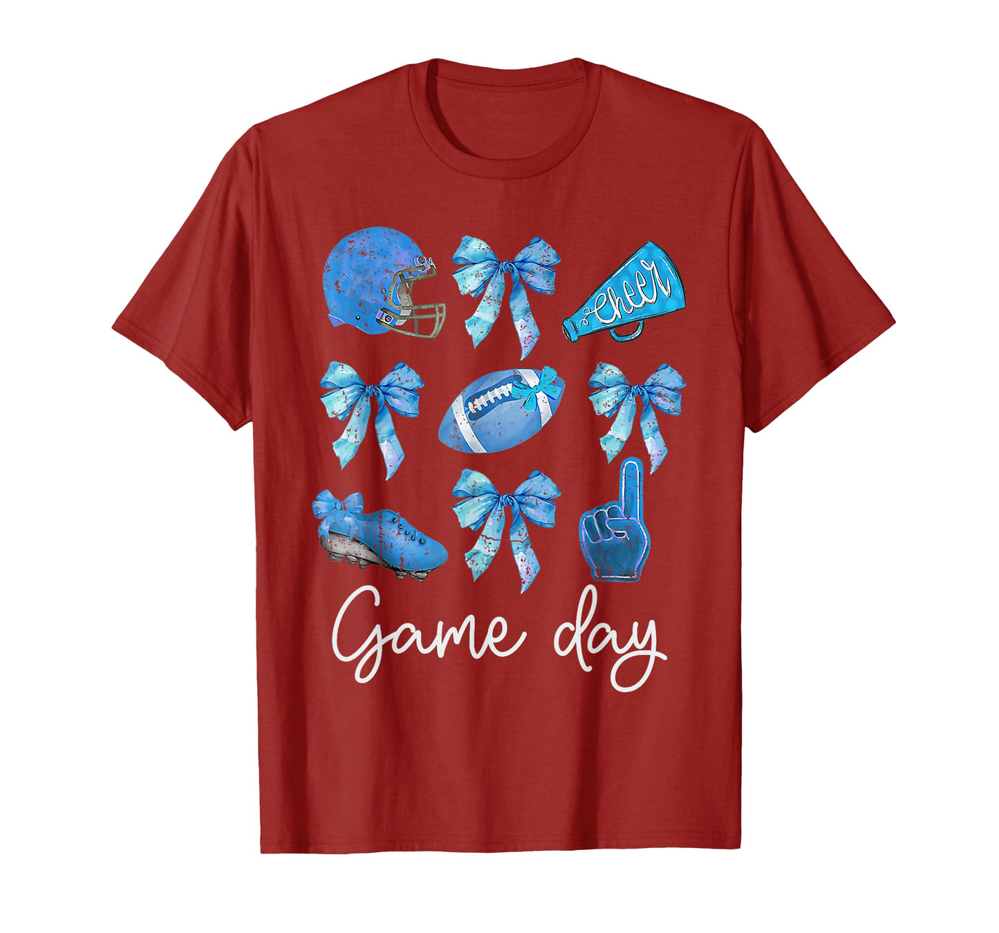 Funny Blue Cheer Football Game Day Coquette Bow Touchdown T-Shirt