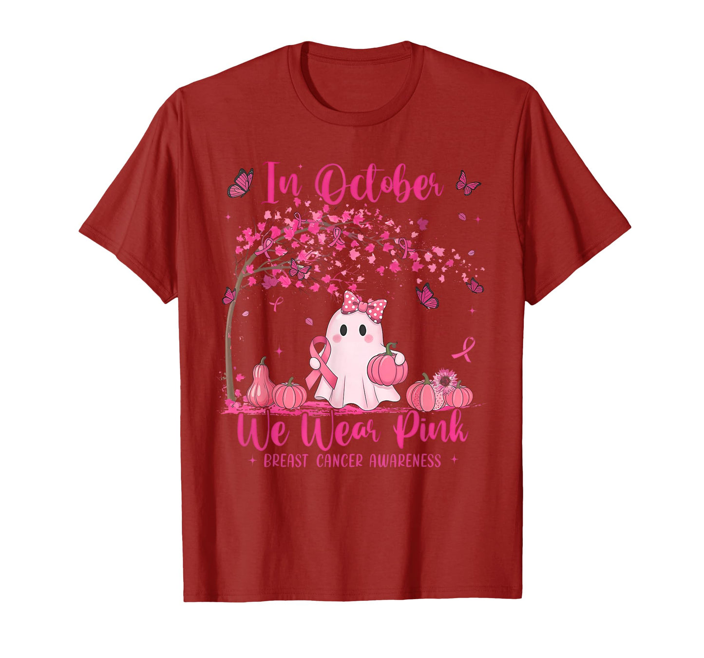 in October We Wear Pink Ghost Breast Cancer T-Shirt