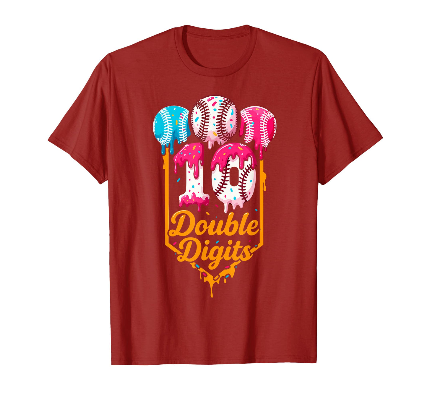 Dripping Baseball 10th Birthday Boys Double Digits Ice Cream T-Shirt