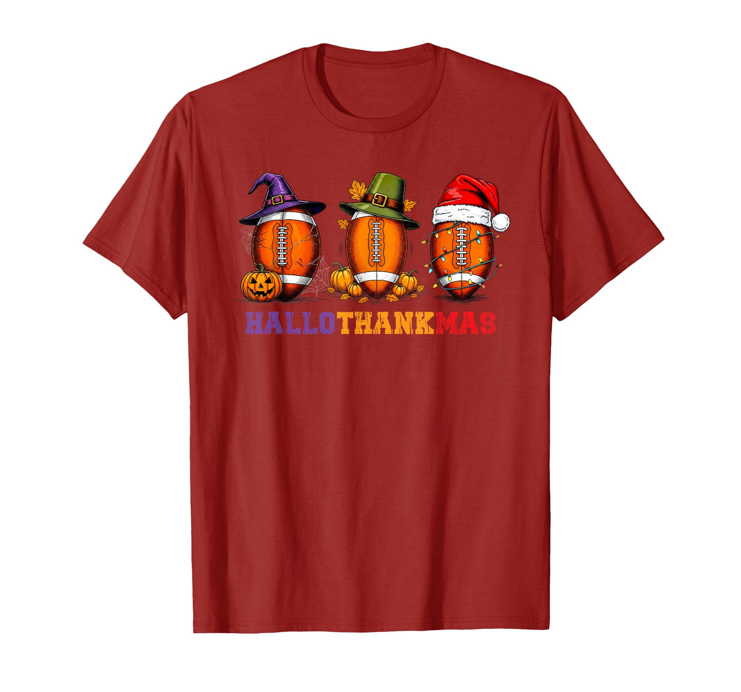 Funny HalloThankMas Football Halloween Thanksgiving Xmas T-Shirt