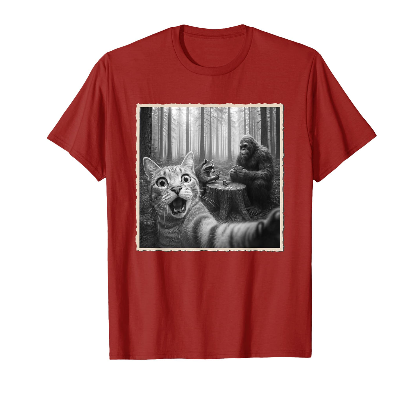 Cat Selfie With Bigfoot & Raccoon | Funny Scared Cat T-Shirt