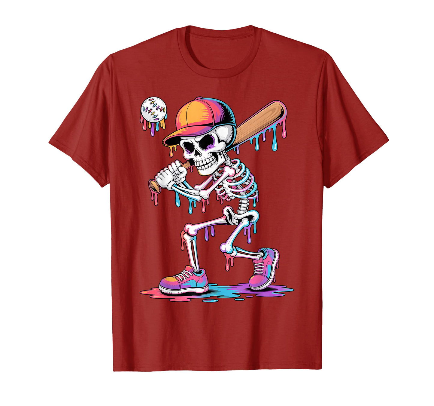 Skeleton Playing Baseball Halloween Youth Kids Baseball Drip T-Shirt
