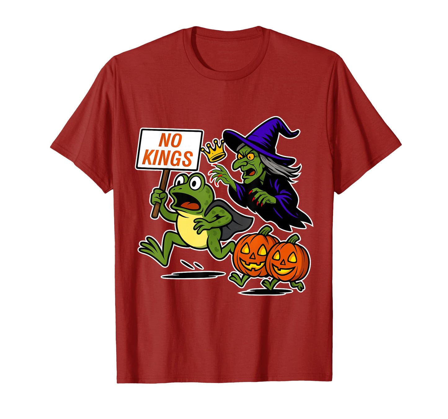 No Kings Halloween Funny Frog Running from Witch T-Shirt