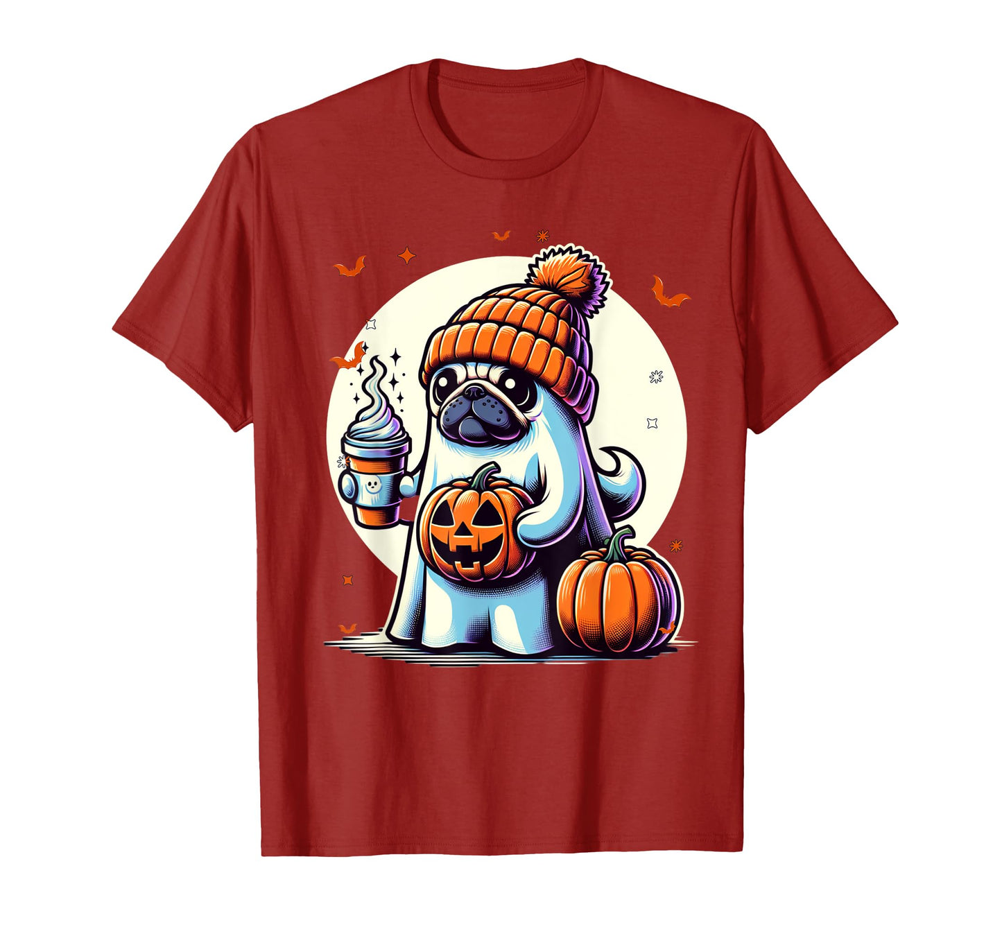 Ghost Pug Pumpkin Drinks Beanie Fall Halloween T-Shirt