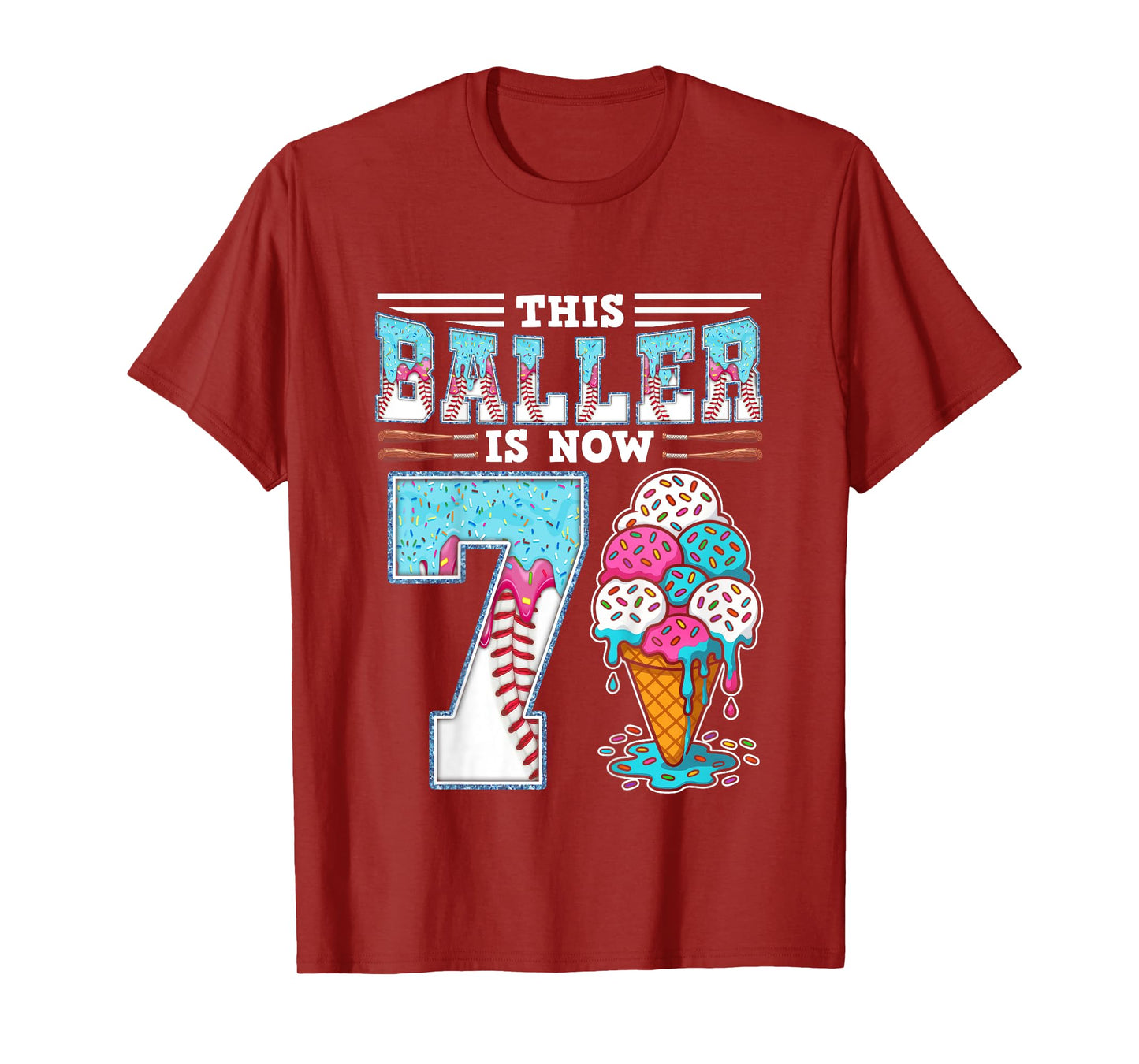 Kids Baller Is Now 7 Year Ice Cream Drip 7th Birthday Baseball T-Shirt