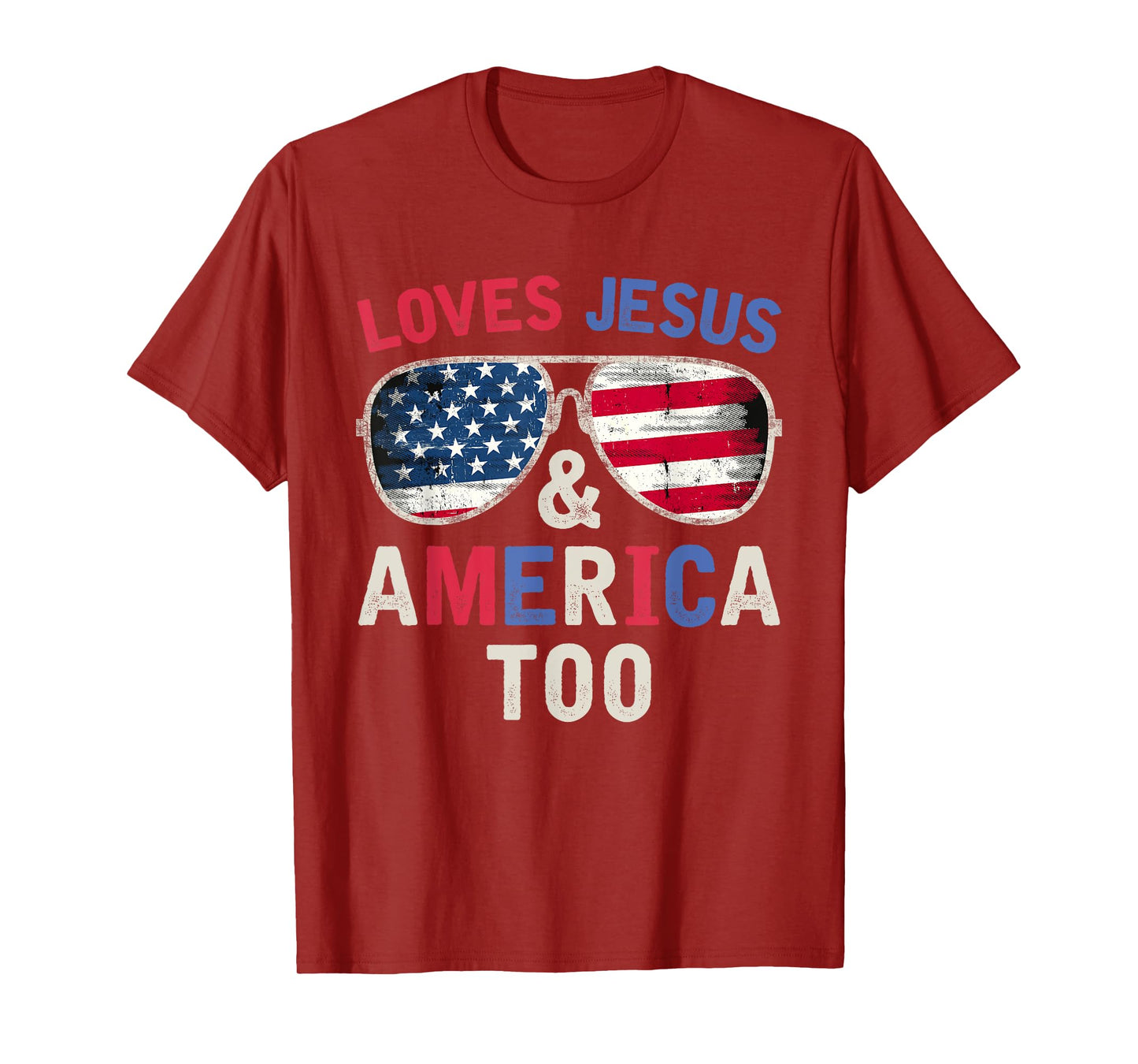 Loves Jesus and America Too God Christian Groovy 4th of July T-Shirt