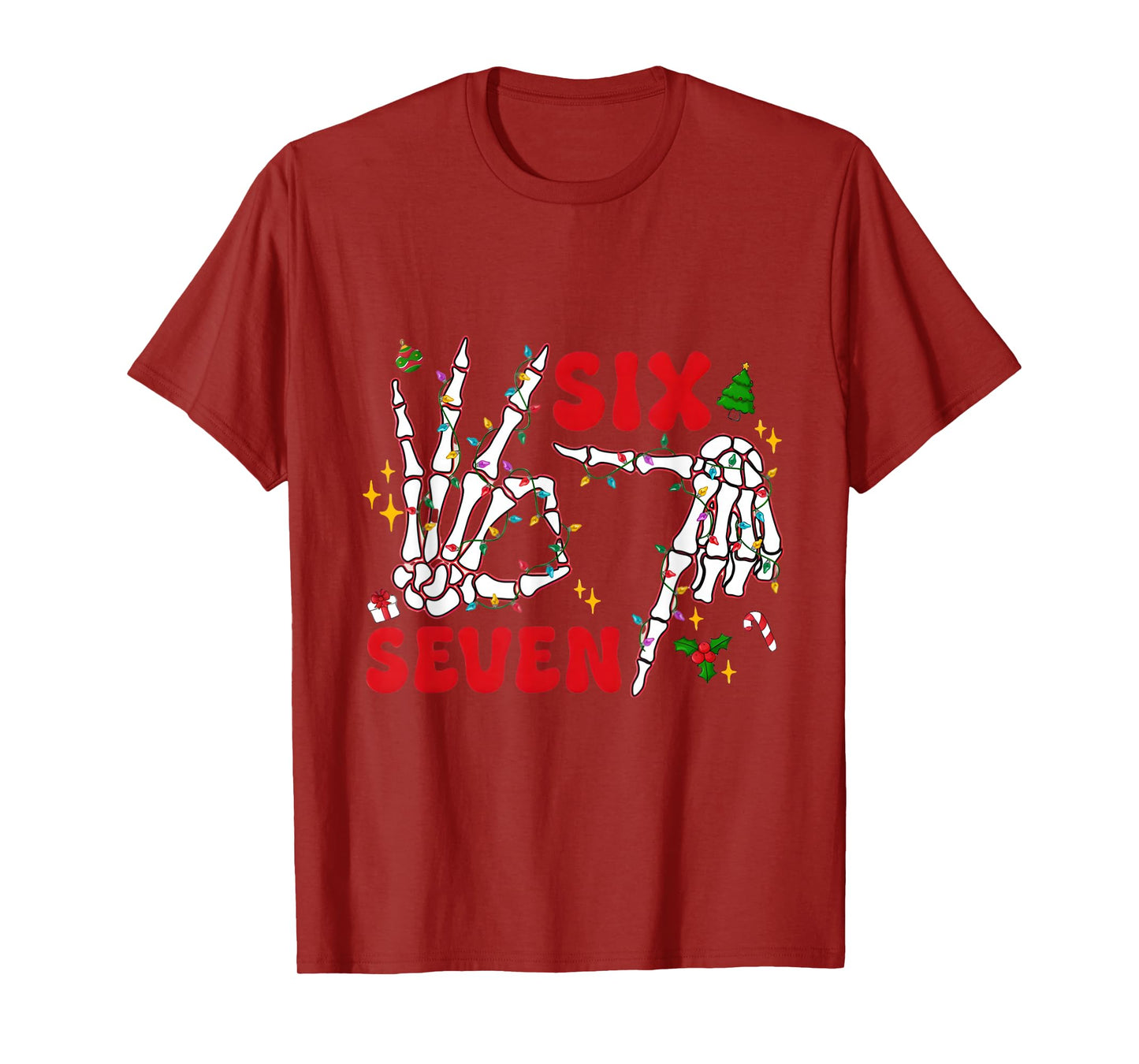 Funny Xmas 67 Skeleton Hand Six Seven Christmas Lights Shirt T-Shirt