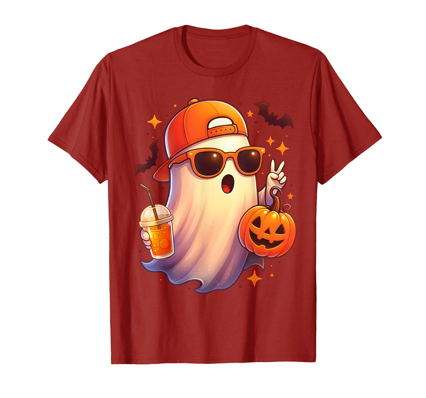 Spooky Cute Ghost Drinking Pumpkin Iced Coffee Halloween T-Shirt