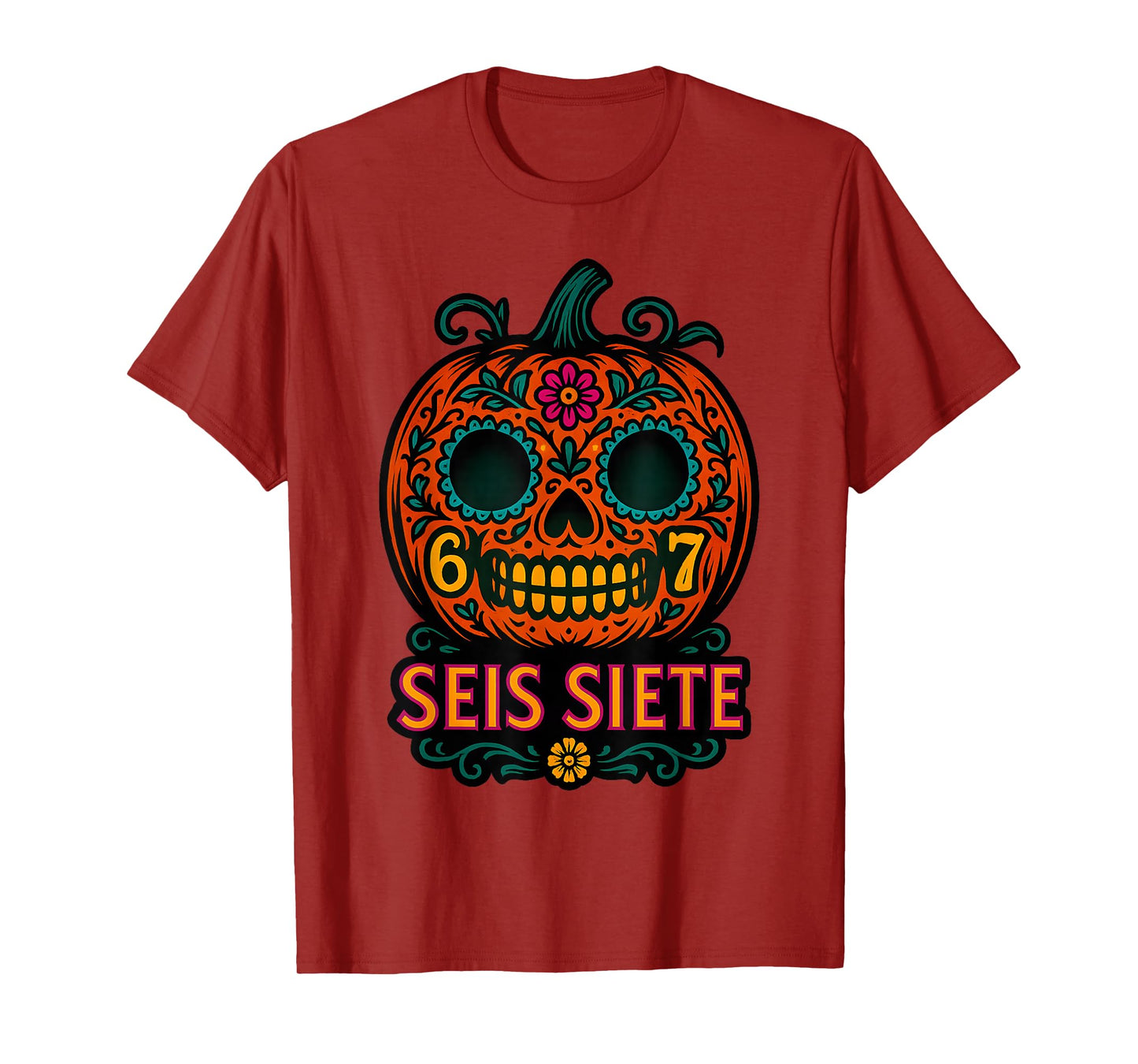 SEIS Siete 67 Halloween Pumpkin Day of Muertos Calaveras T-Shirt