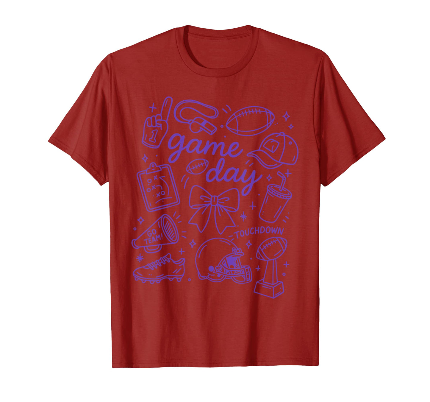 Purple Coquette Bow Cheer Game Day Doodle Touchdown Football T-Shirt