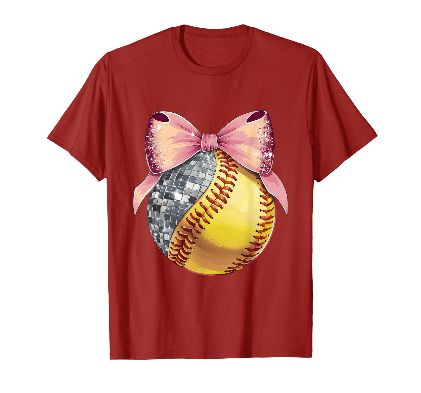 Cute Coquette Bow Disco Ball Softball Player Game Day Mom T-Shirt