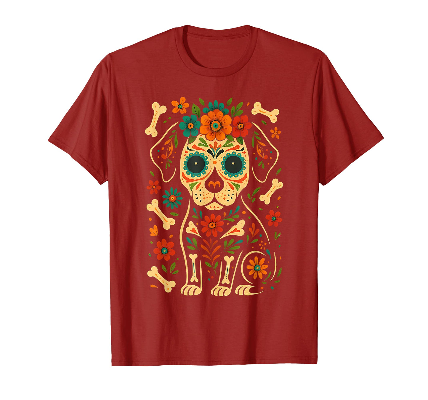 Mexican Dog Day of The Dead Skeleton Sugar Flowers Dogs T-Shirt