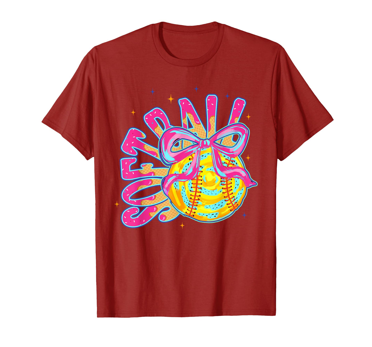 Softball Coquette Bow Ice-Cream Drip Baseball Mom Game Day T-Shirt