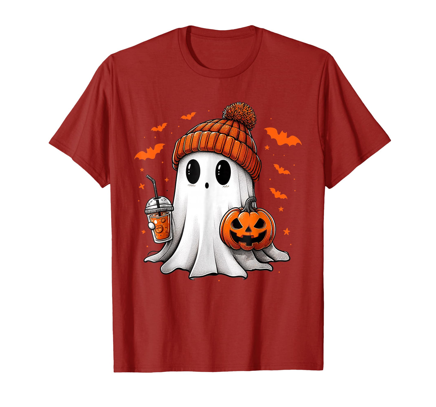 Cute Ghost Drinking Ice Coffee Halloween Pumpkin Mens Womens T-Shirt