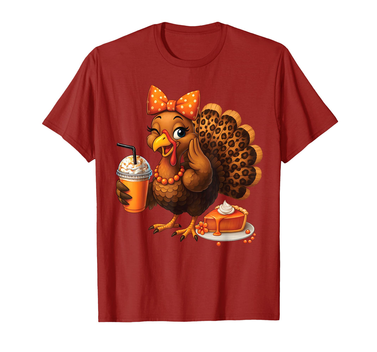Turkey Drinking Ice Coffee Thanksgiving Bow Girls Womens T-Shirt