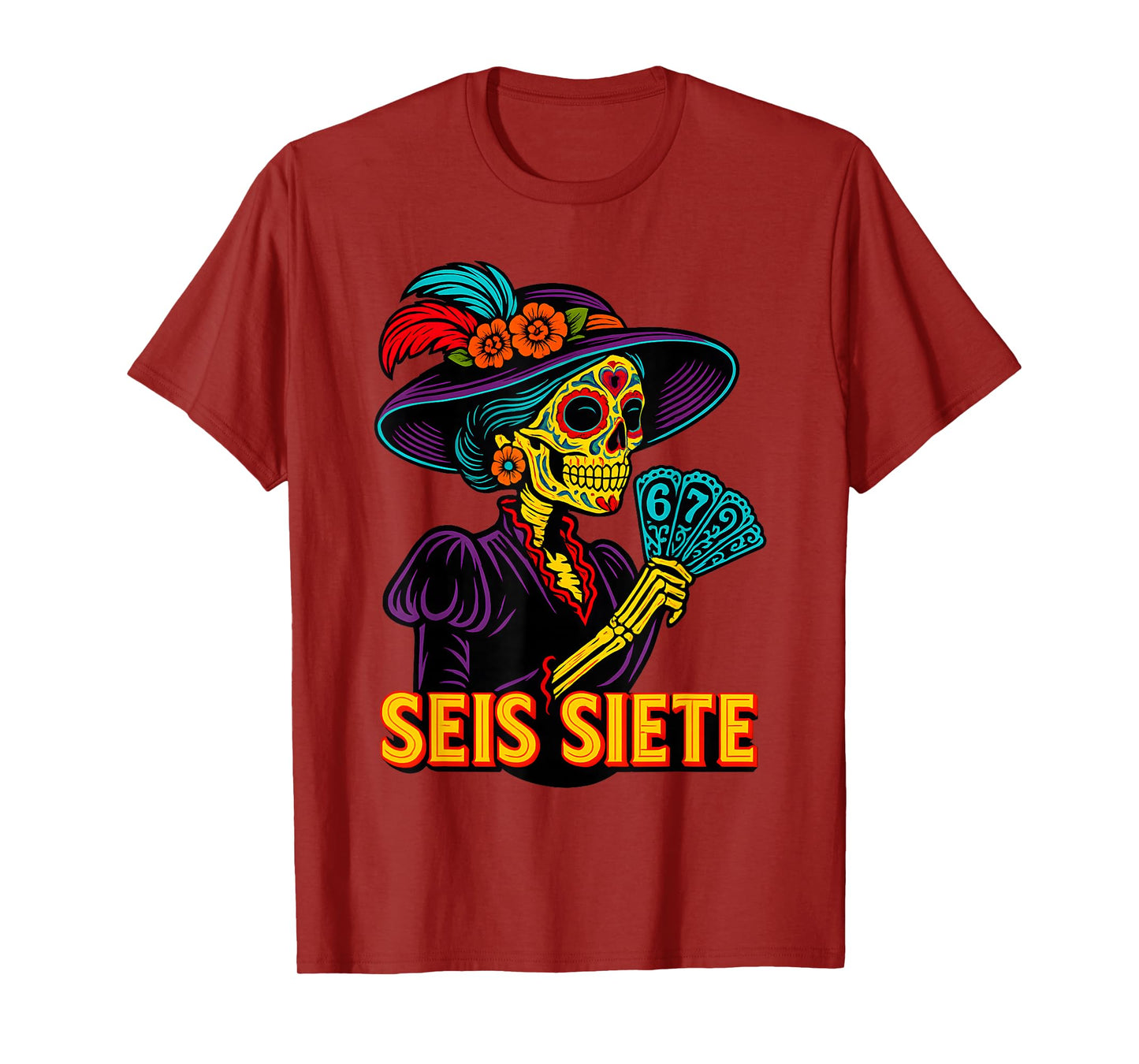 67 SEIS Siete La Catrina Mexican Day of The Muertos Skeleton T-Shirt