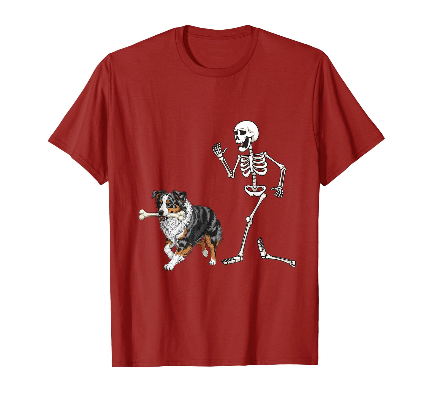 Funny Halloween Australian Shepherd and Skeleton T-Shirt