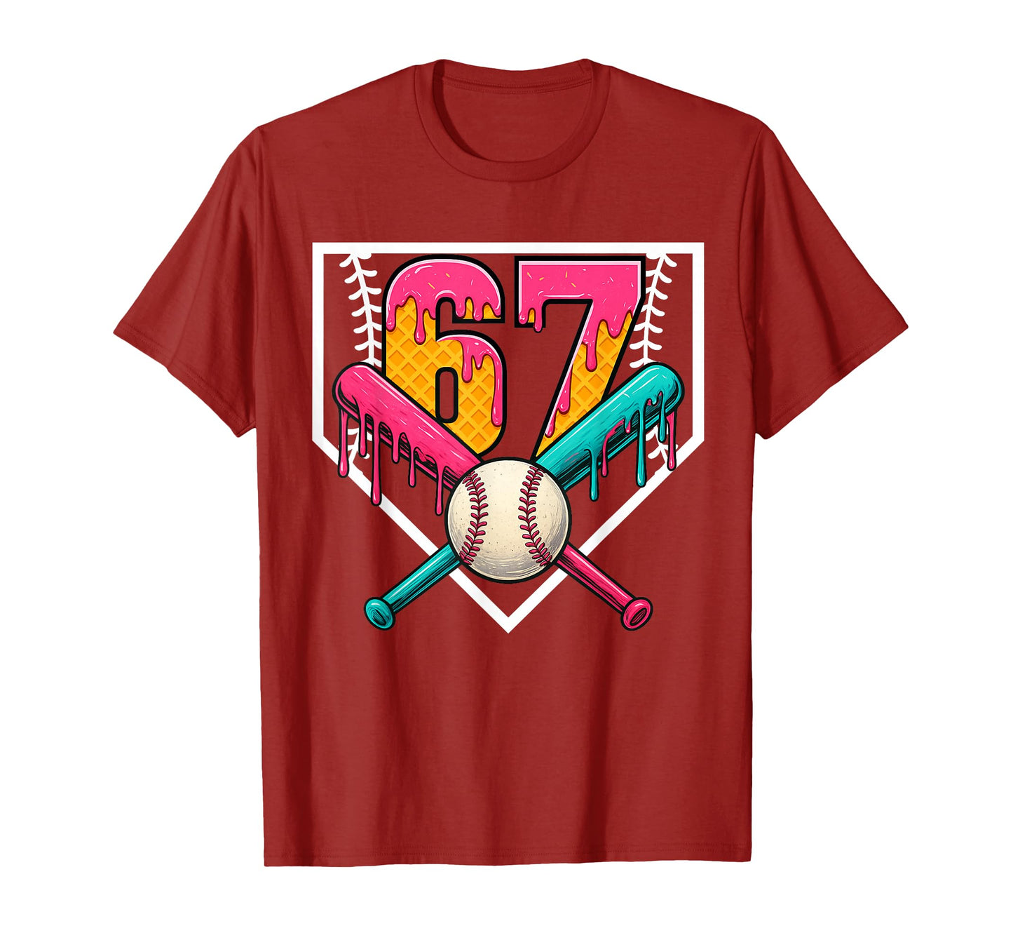 Baseball Ice Cream Drip Number 67 Player 67th Birthday T-Shirt