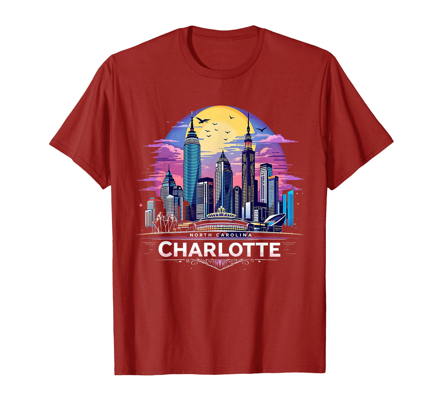 Vintage Charlotte North Carolina Sunset Skyline Cityscape T-Shirt