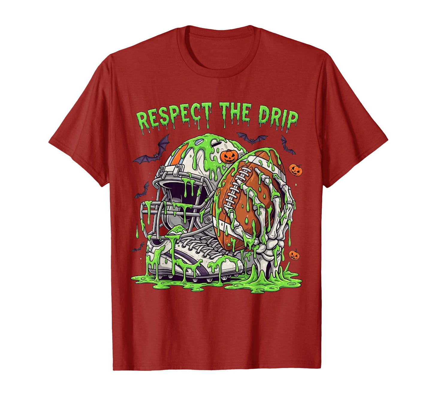 Respect The Drip Football Halloween Skeleton Hand Game Day T-Shirt