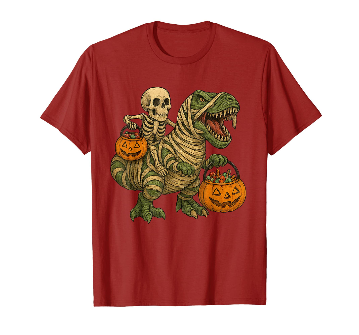 Skeleton Riding Mummy Dinosaur T Rex Halloween Funny Pumpkin T-Shirt