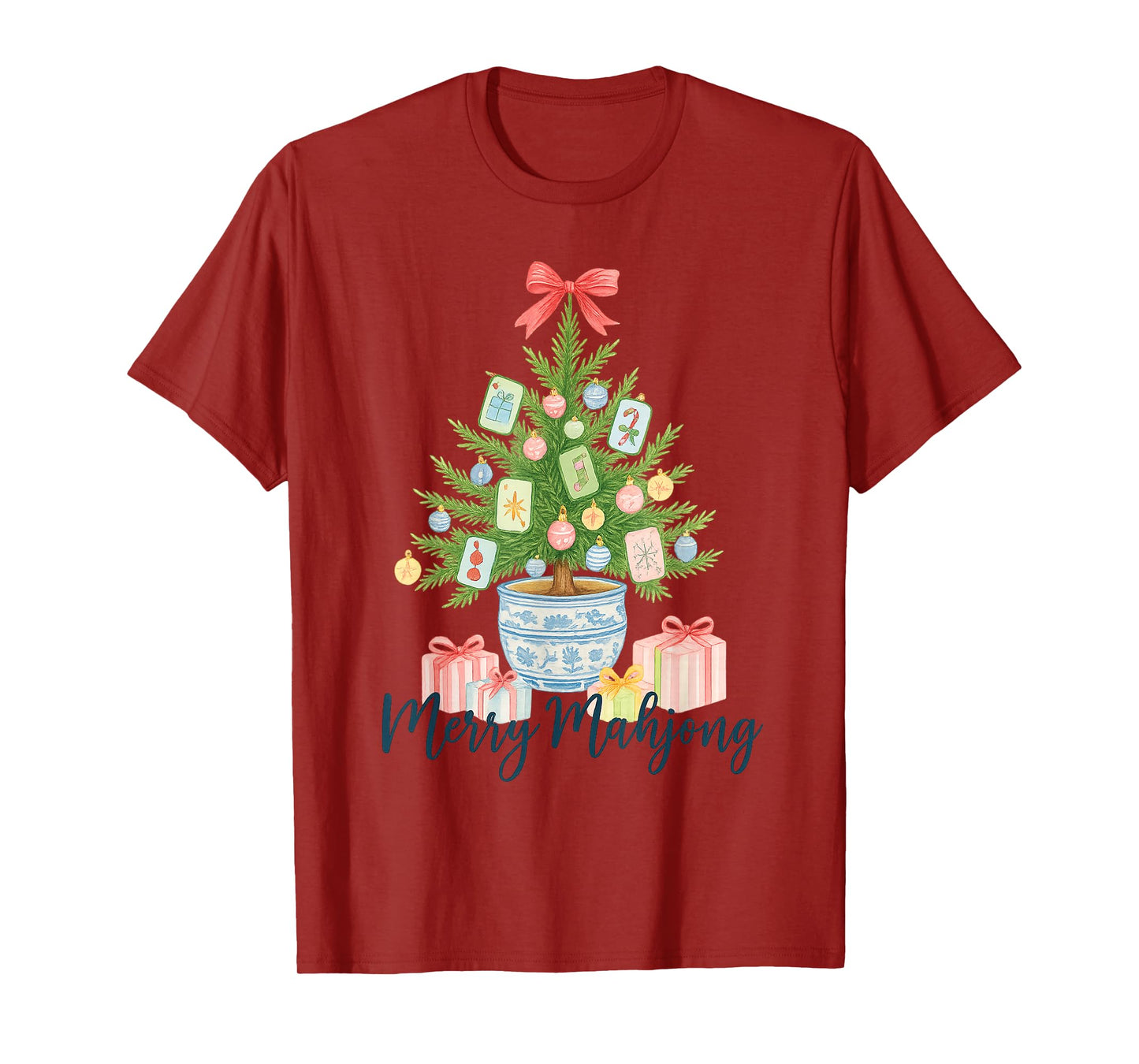 Merry Mahjong Christmas Tree Chinoiserie Holiday T-Shirt
