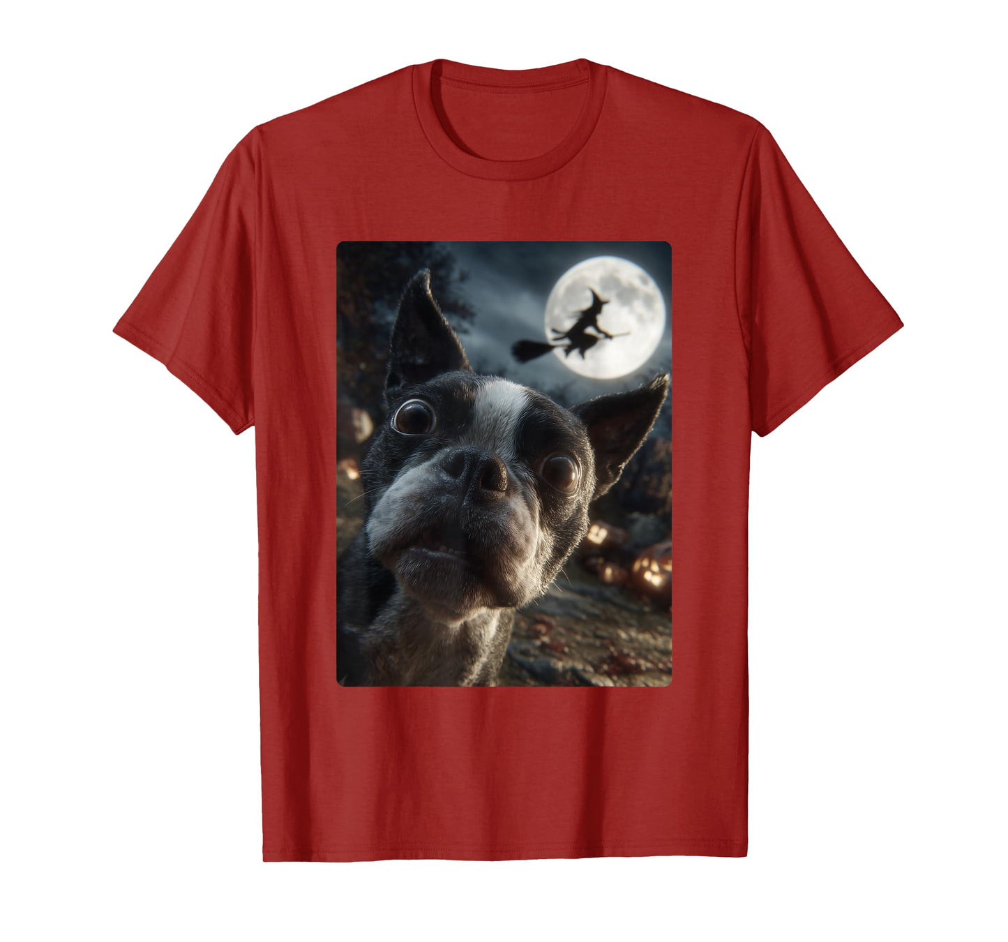 Boston Terrier Selfie Full Moon Flying Witch Halloween Dog T-Shirt
