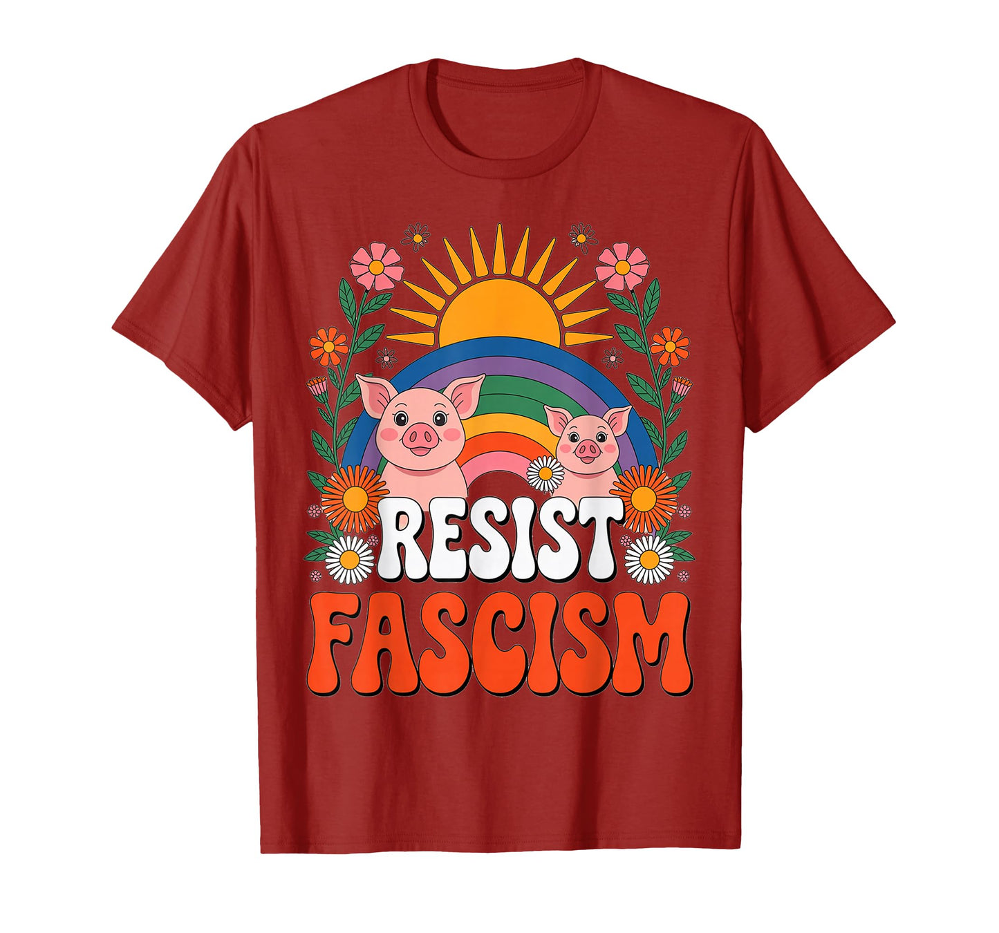 Pigs Resist Fascism Retro Groovy Rainbow No Kings Hippie T-Shirt