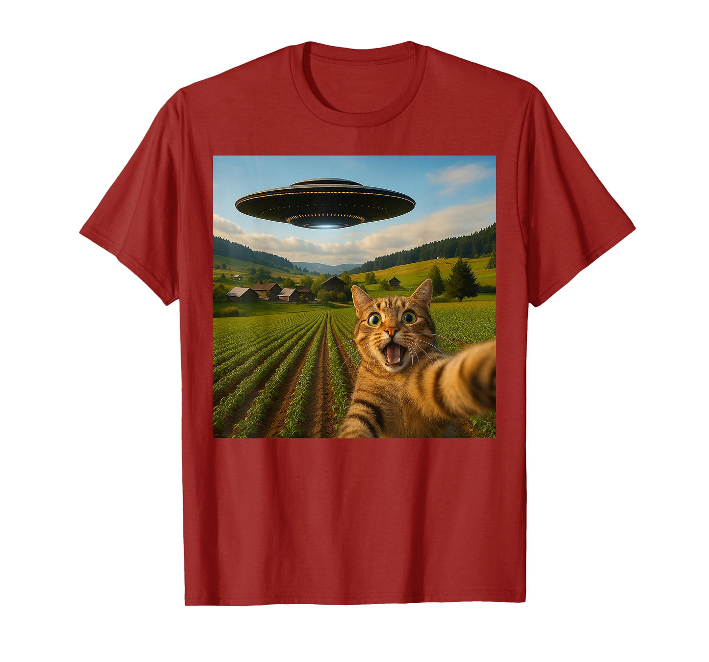 Funny Cat Selfie with Alien UFO for Men Women Kid T-Shirt