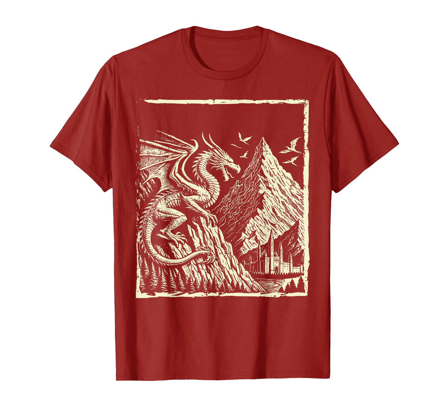 Medieval Dragon Mountain Castle Mythical Men Women Kids T-Shirt