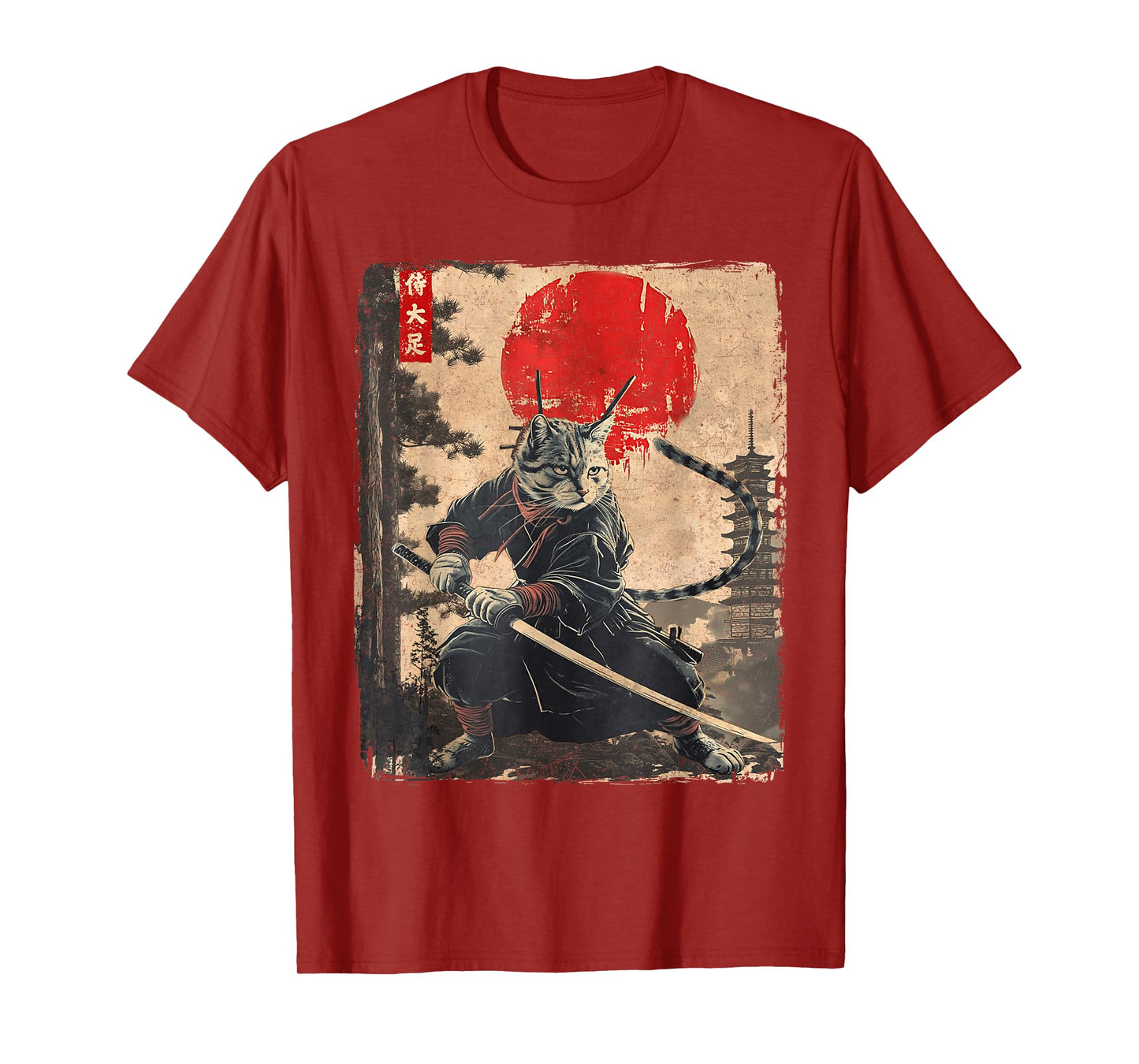Vintage Ninja Samurai Cat Graphic Tees Art Japanese Anime T-Shirt