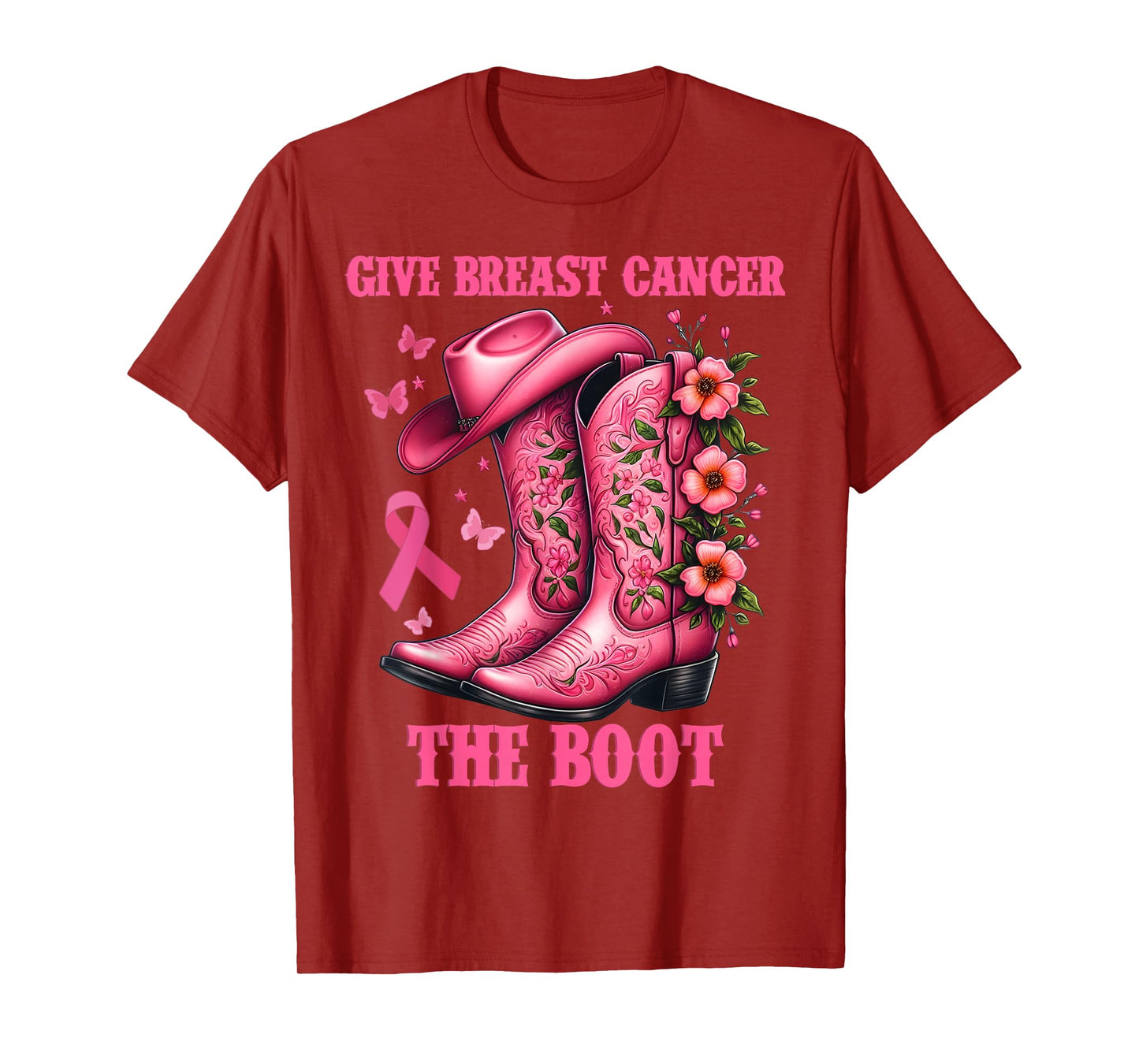 Give Breast Cancer The Boot Cowgirl Cancer Awareness Ribbon T-Shirt