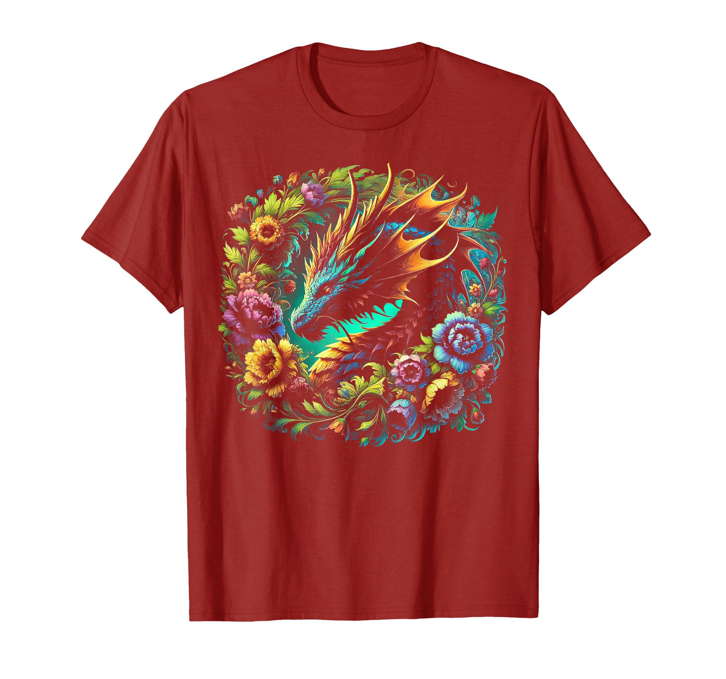 Watercolor Dragon Flowers Beautiful Art Colorful Graphic T-Shirt