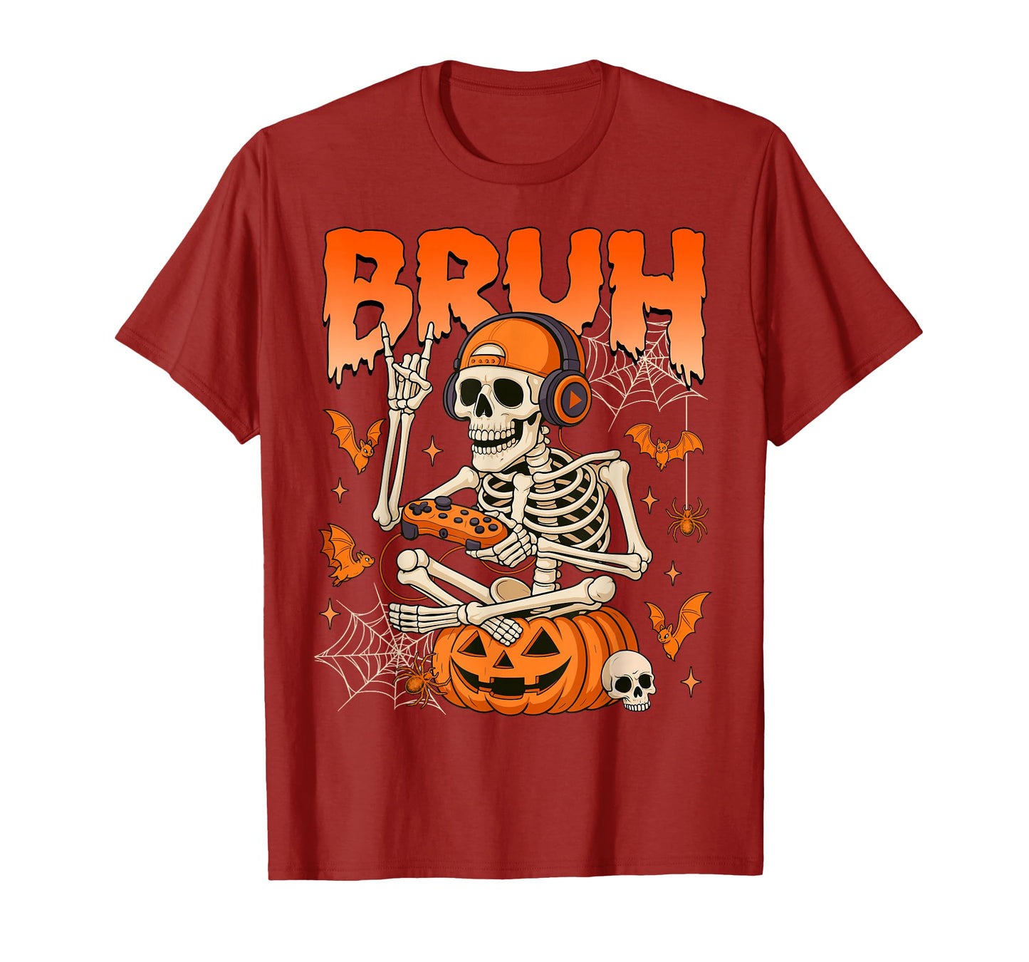 Bruh Halloween Boys Kids Gamer Mens Skeleton Video Gaming T-Shirt