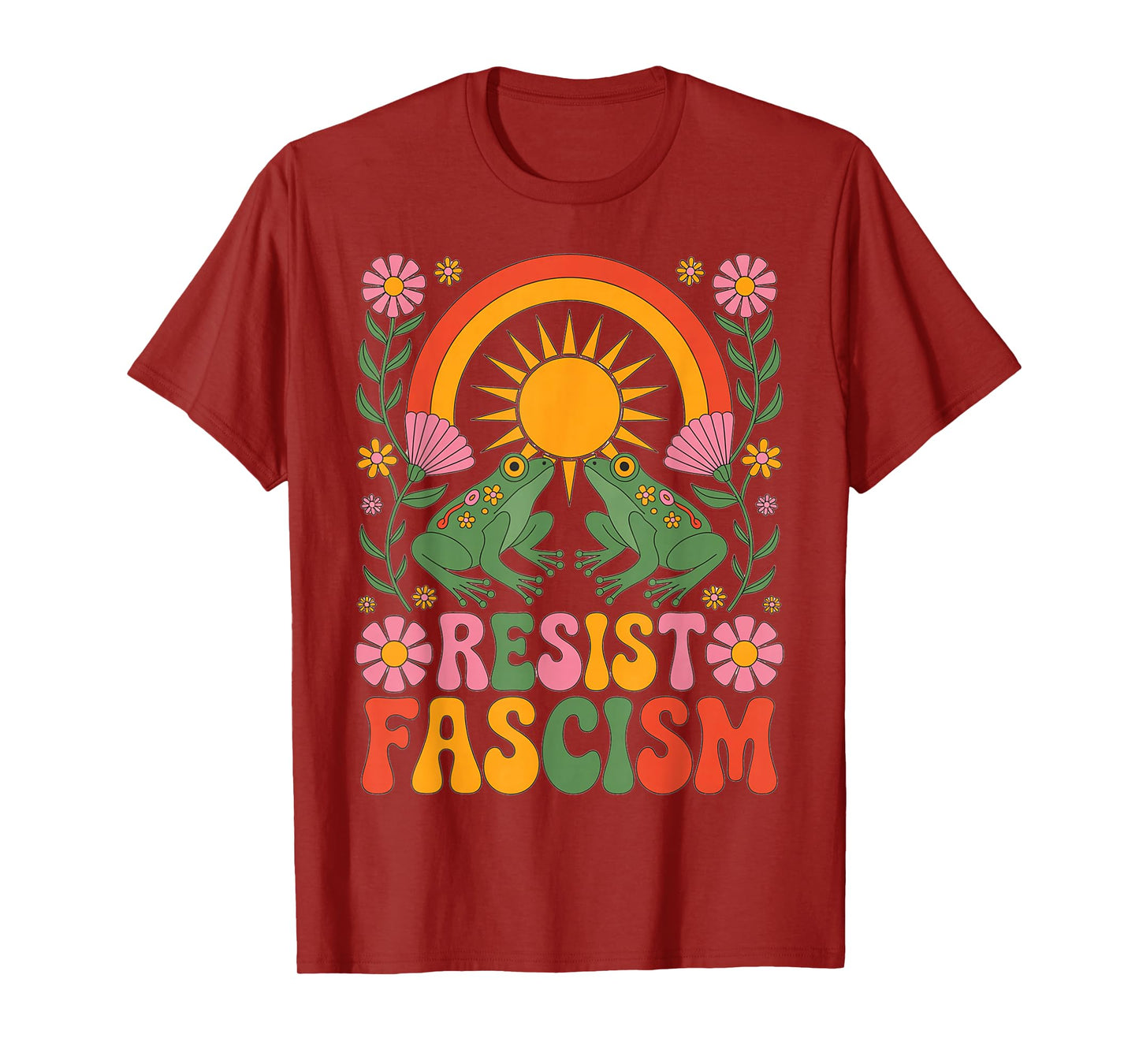 Frog Resist Fascism Retro Groovy Rainbow No Kings Hippie T-Shirt