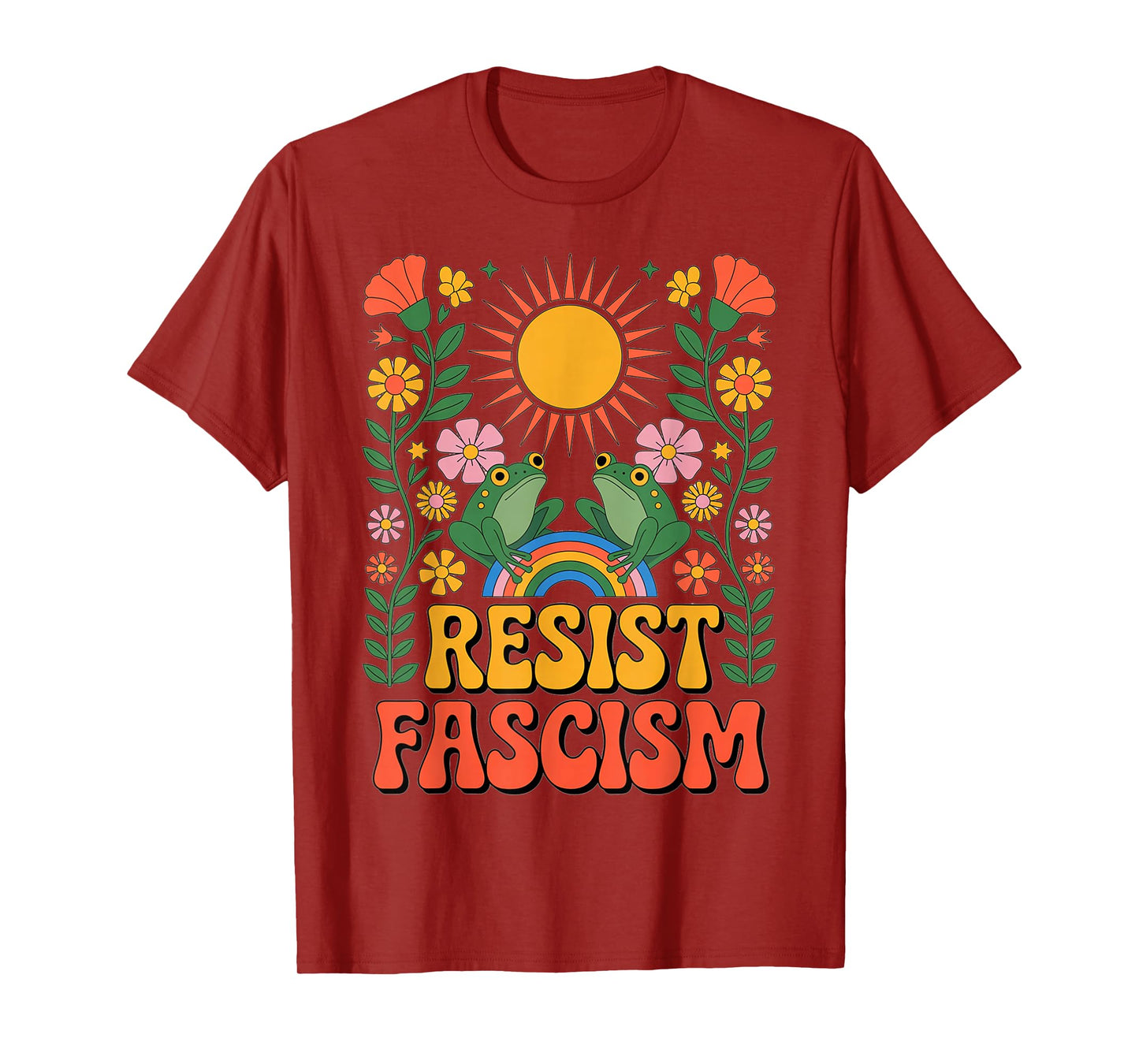Frog Resist Fascism Retro Groovy Rainbow No Kings Hippie T-Shirt