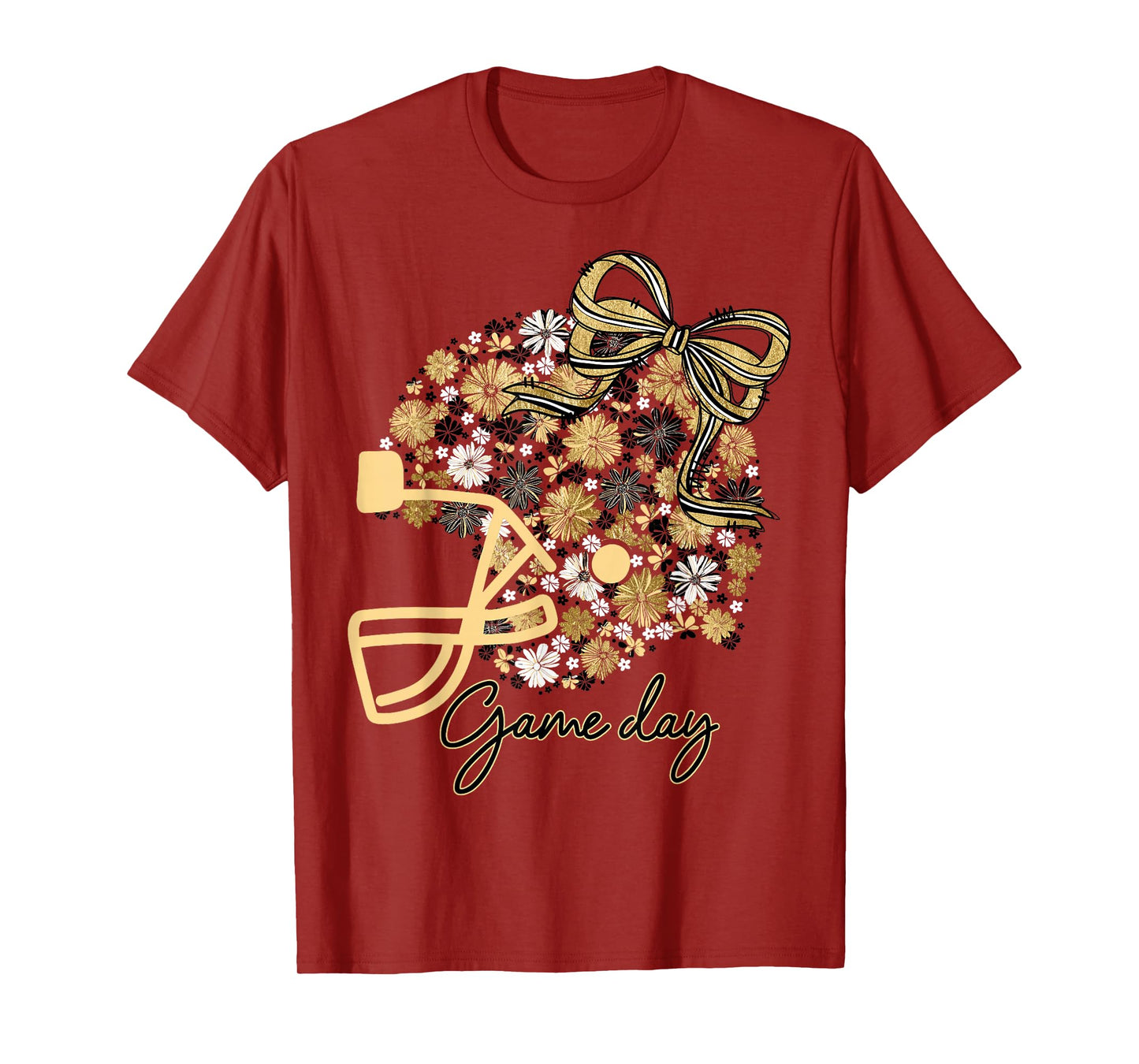 Floral Football Game Day Girly Bow Team Spirit Black & Gold T-Shirt