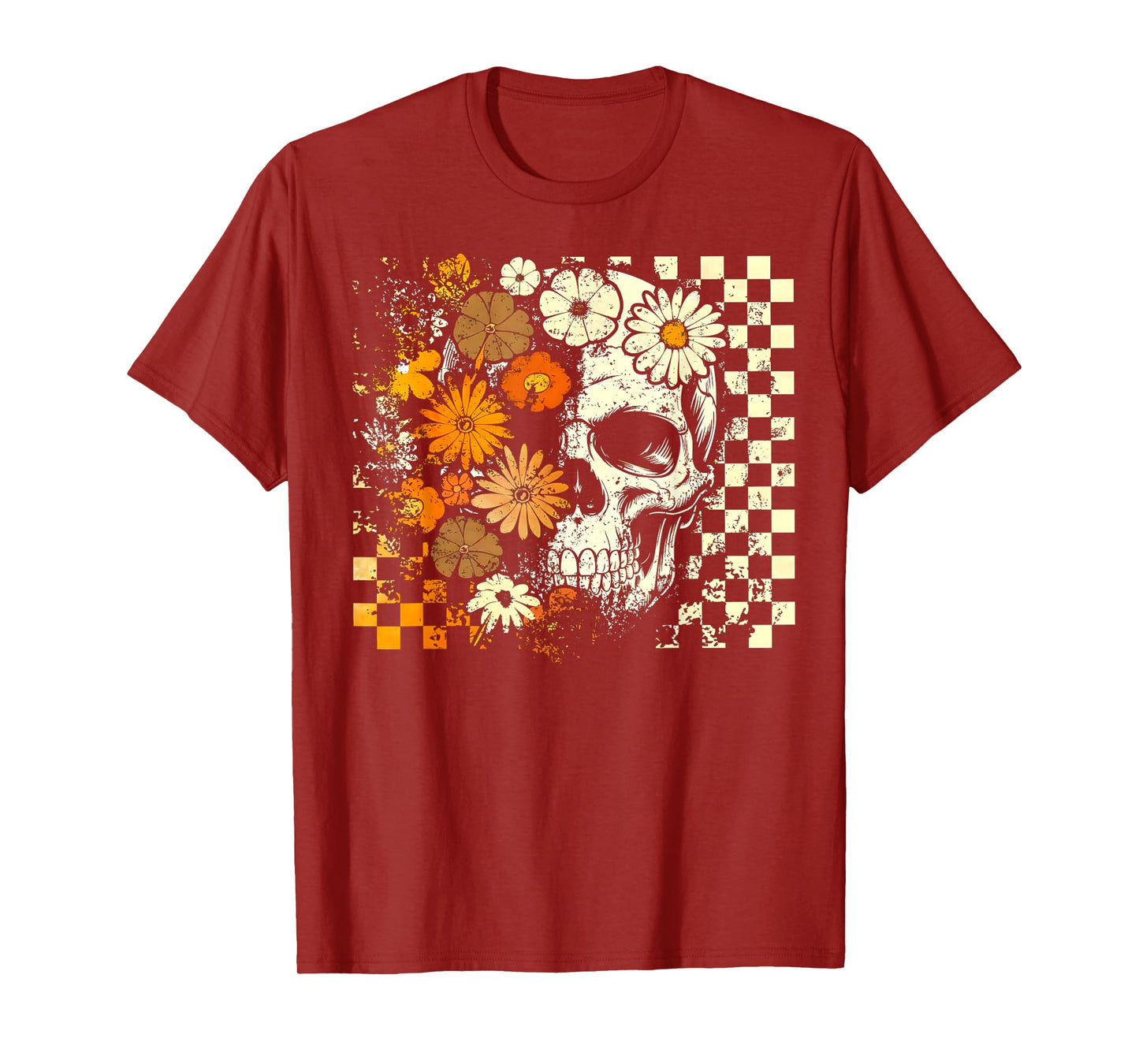 Checkered Boho Floral Skull Halloween Girl Women T-Shirt