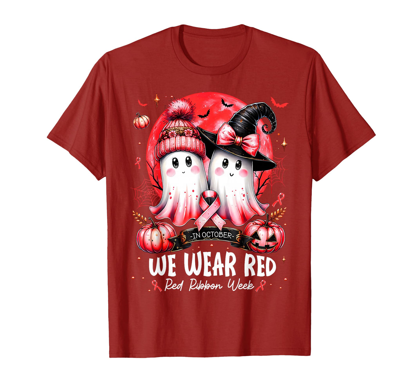 in October We Wear Red Ghost Witch Red Ribbon Week Halloween T-Shirt