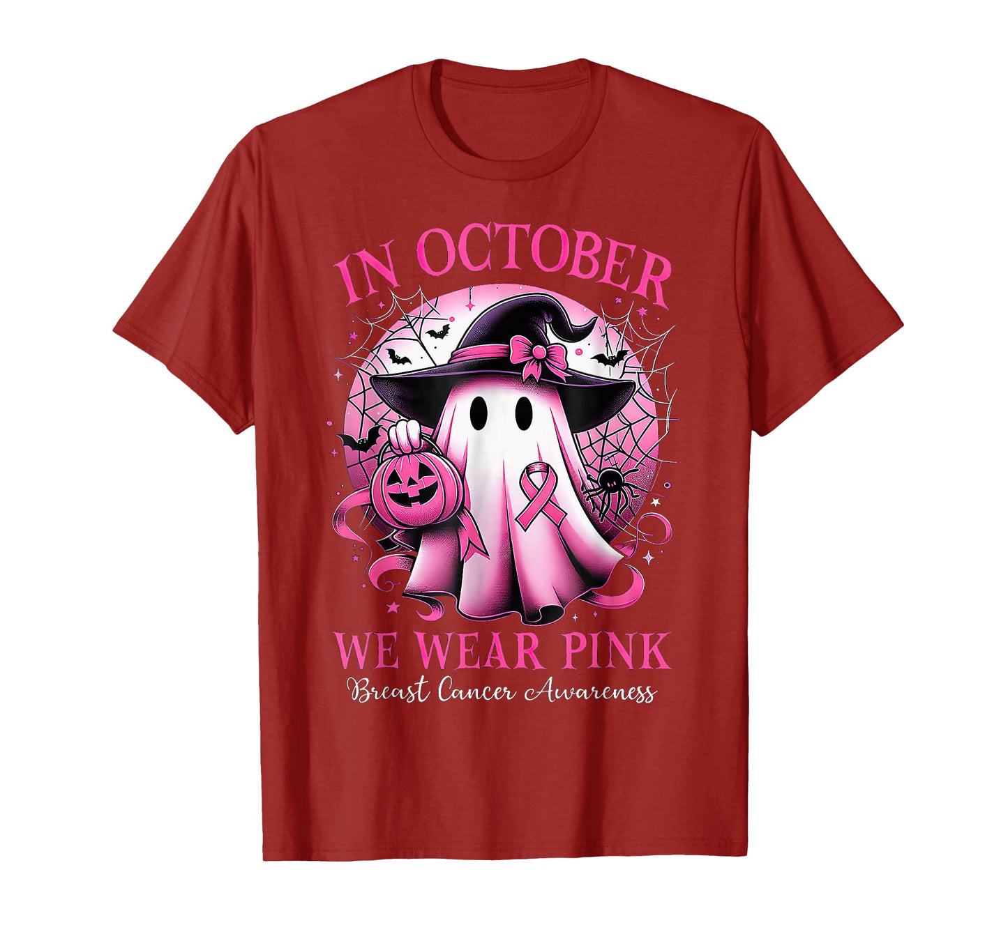 In October We Wear Pink Witch Ghost Breast Cancer Awareness T-Shirt
