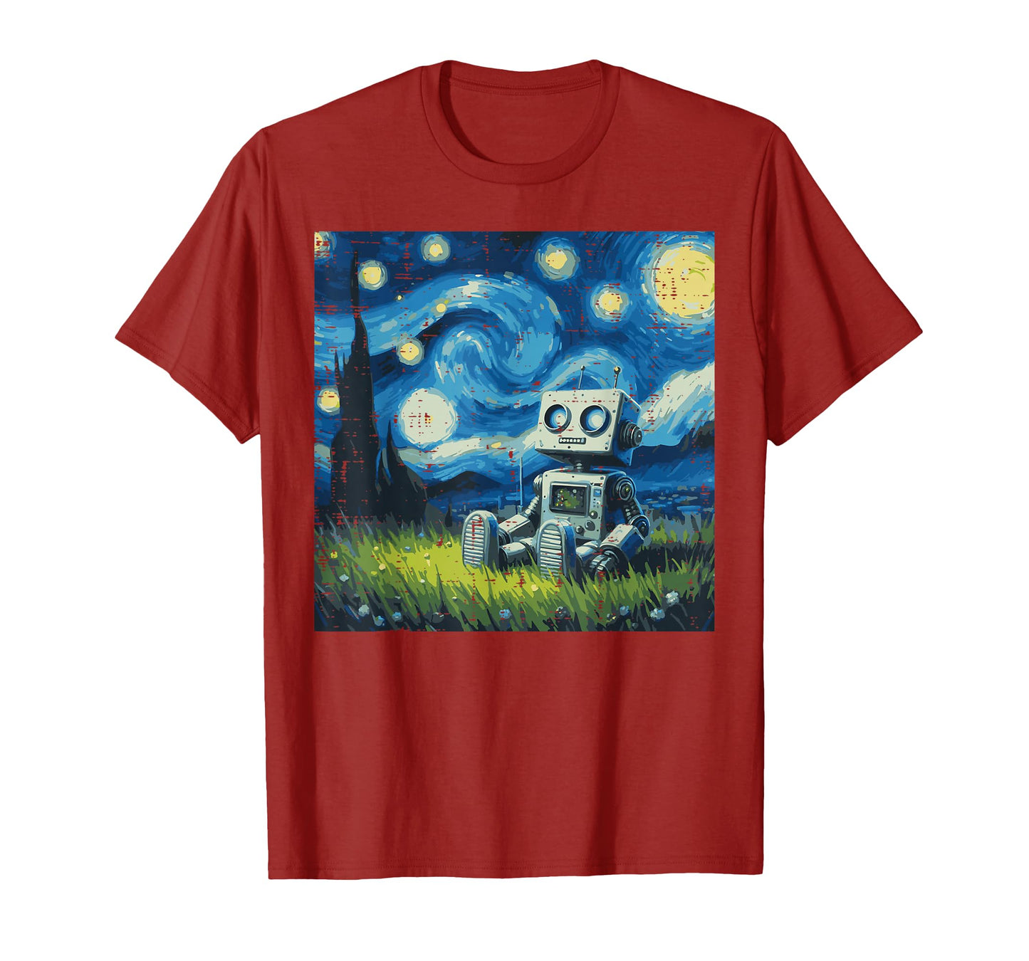 Starry Night Robot Funny Painting Art Meme Kids Men Women T-Shirt