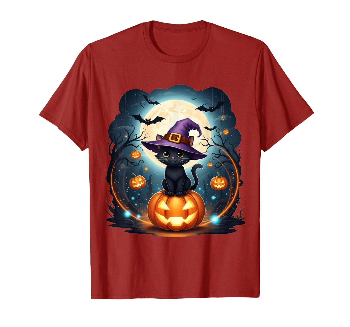 Black Cat with Witch Hat, Candle and Scary Pumpkin Halloween T-Shirt