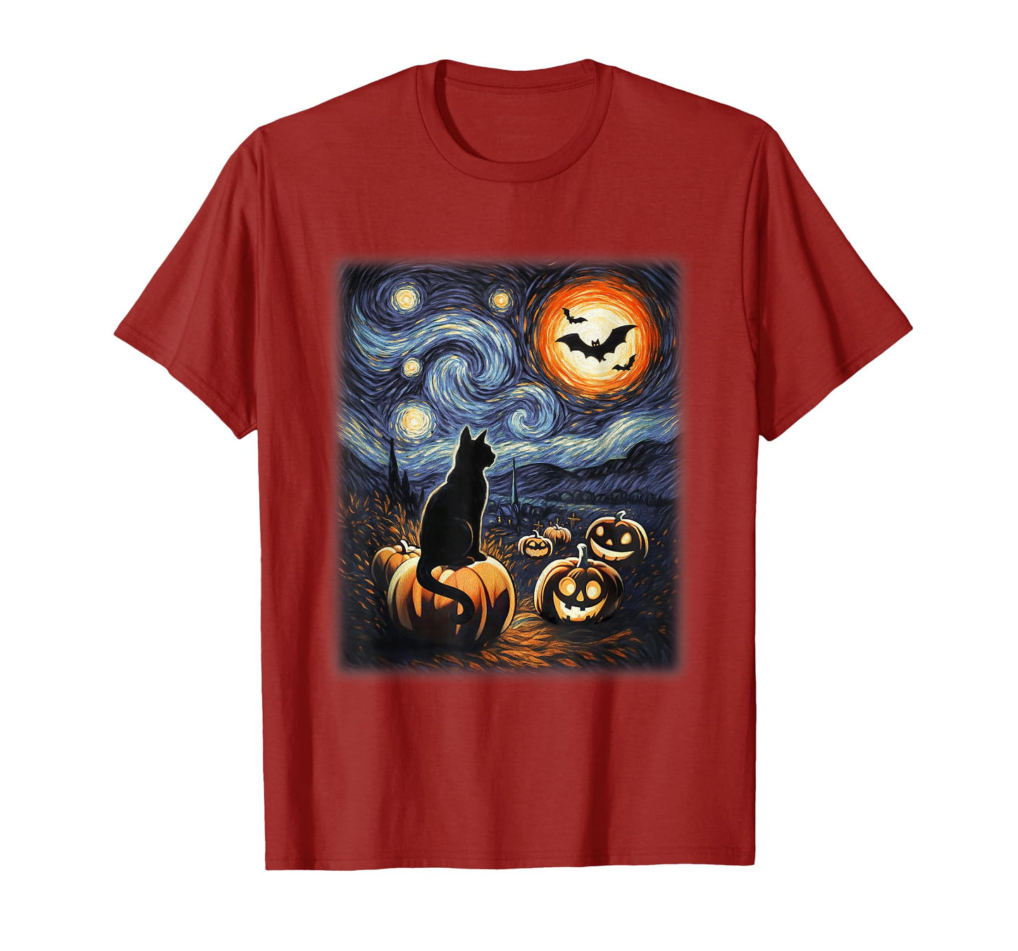 Halloween Black Cat Van Gogh Starry Night Lovers Cats T-Shirt