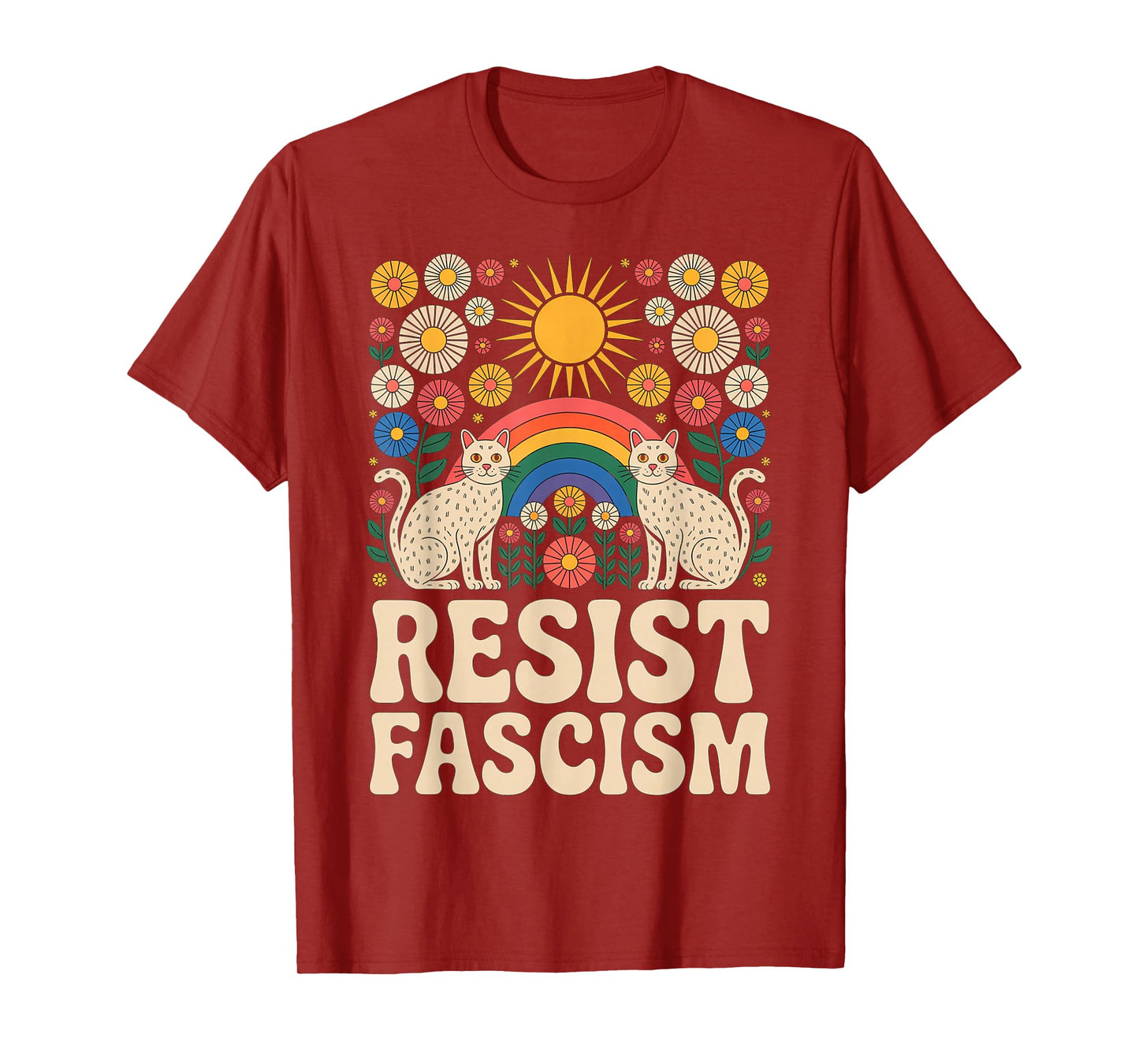Cats Resist Fascism Retro Groovy Rainbow No Kings Hippie T-Shirt