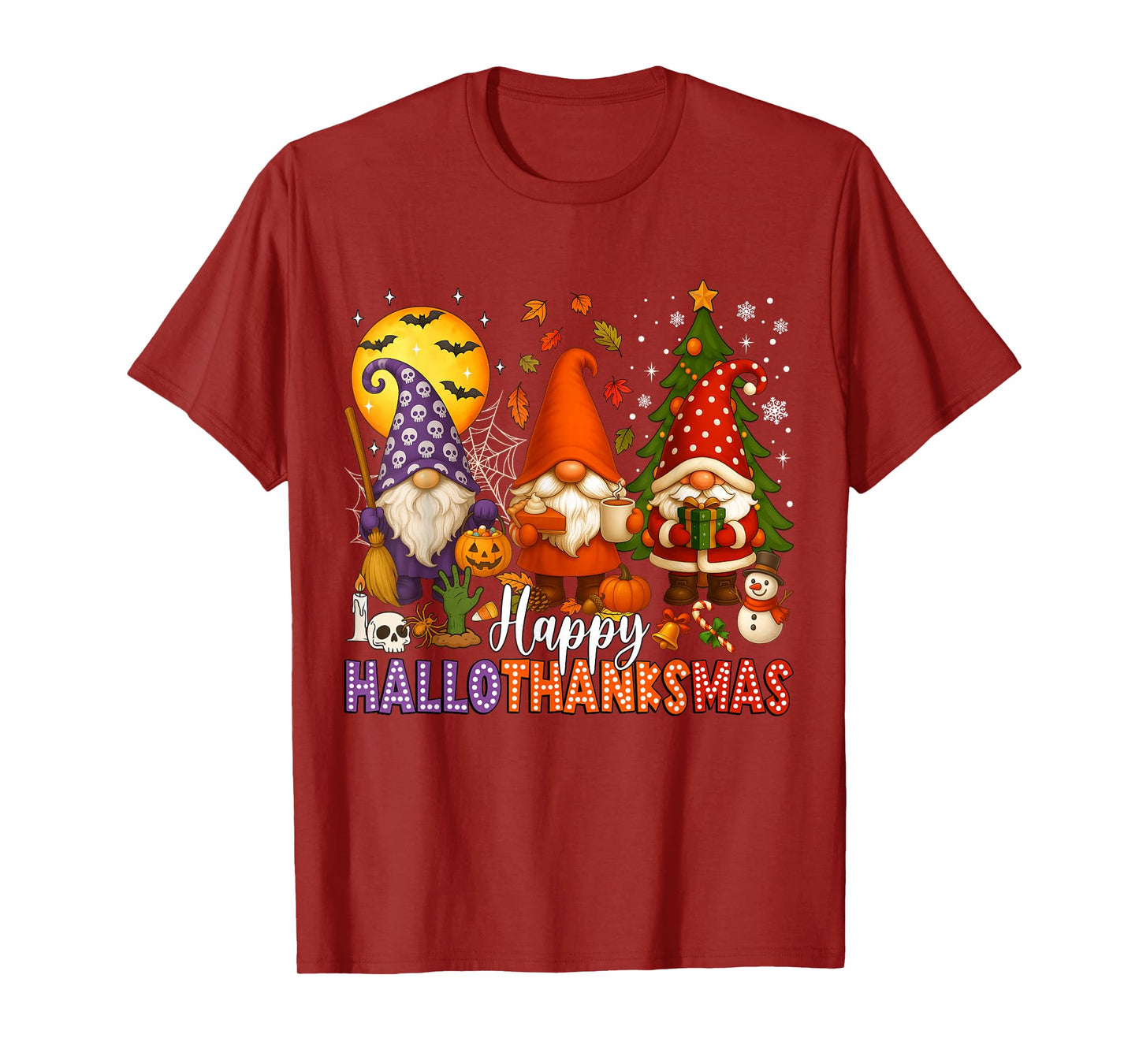 Happy HalloThanksMas Gnomes Halloween Thanksgiving Christmas T-Shirt