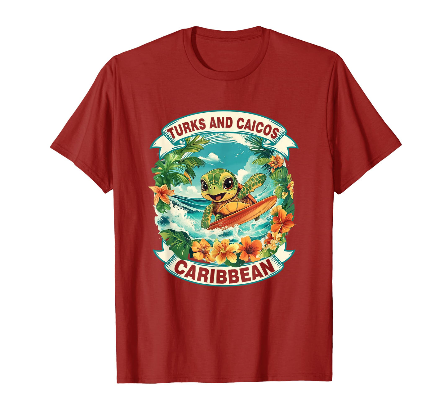Turks And Caicos Caribbean Cute Sea Turtle Surfing Summer T-Shirt