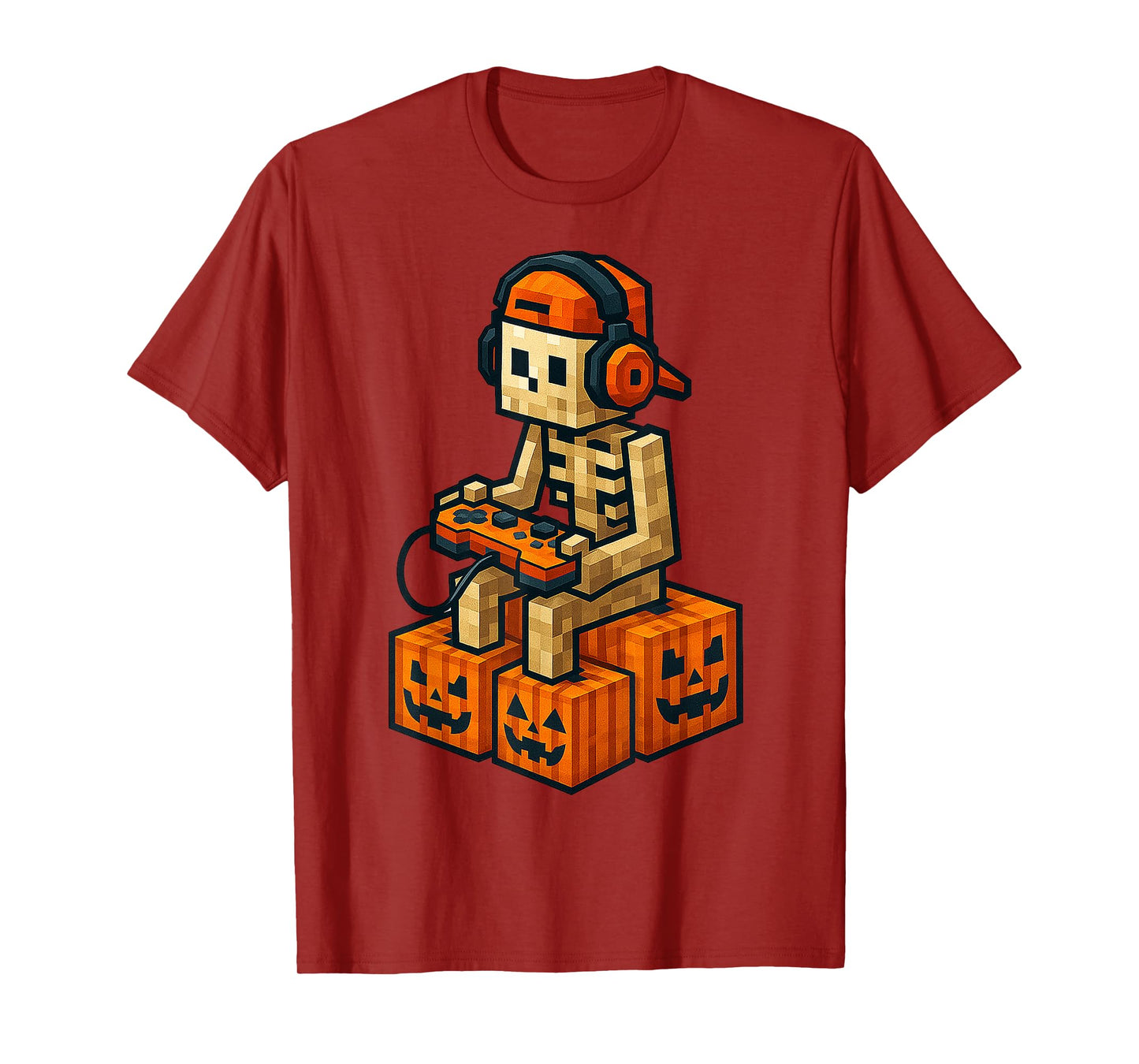 Spooky Skeleton Pumpkin Halloween Video Game Pixel Kids Boy T-Shirt