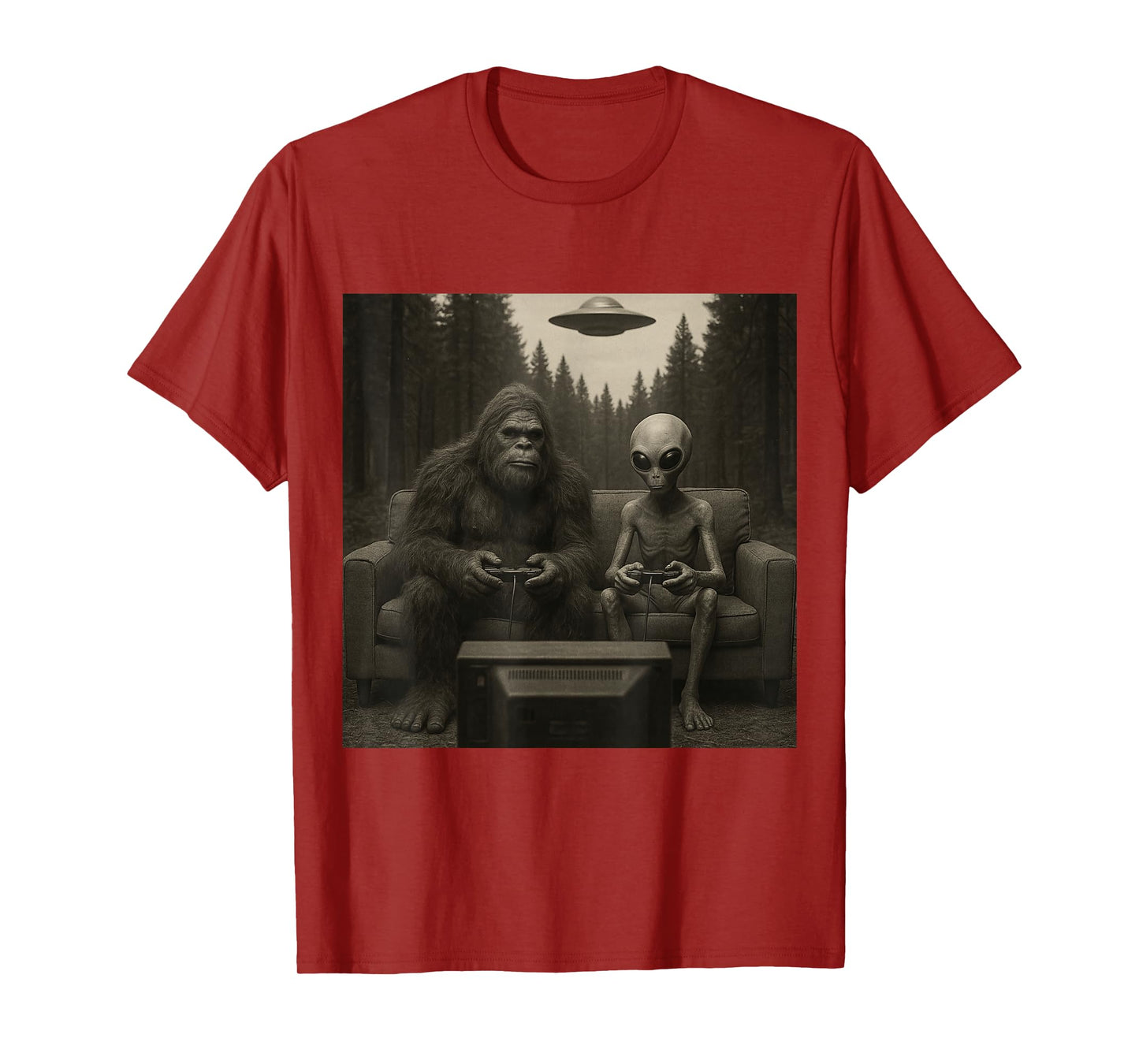 Funny Bigfoot and Alien Playing Video Games. UFO and Bigfoot T-Shirt
