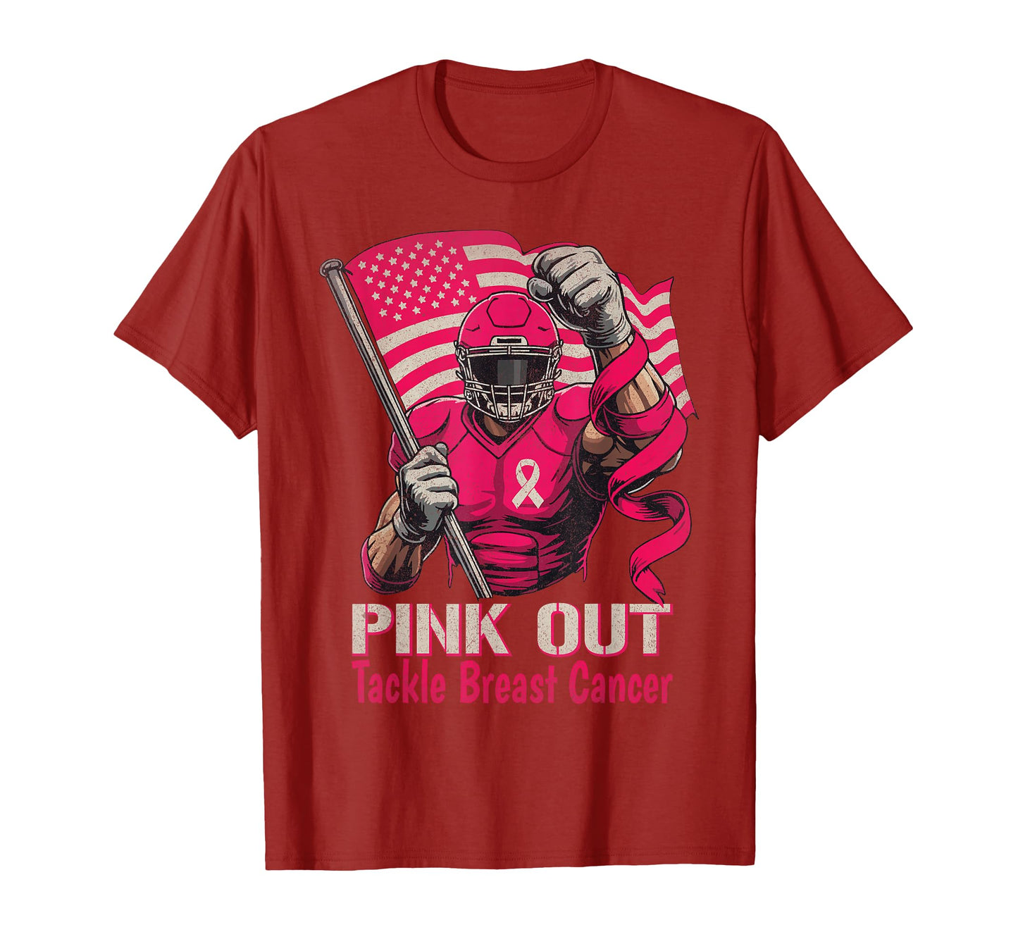 Pink Out Tackle Breast Cancer Football American Flag Ribbon T-Shirt