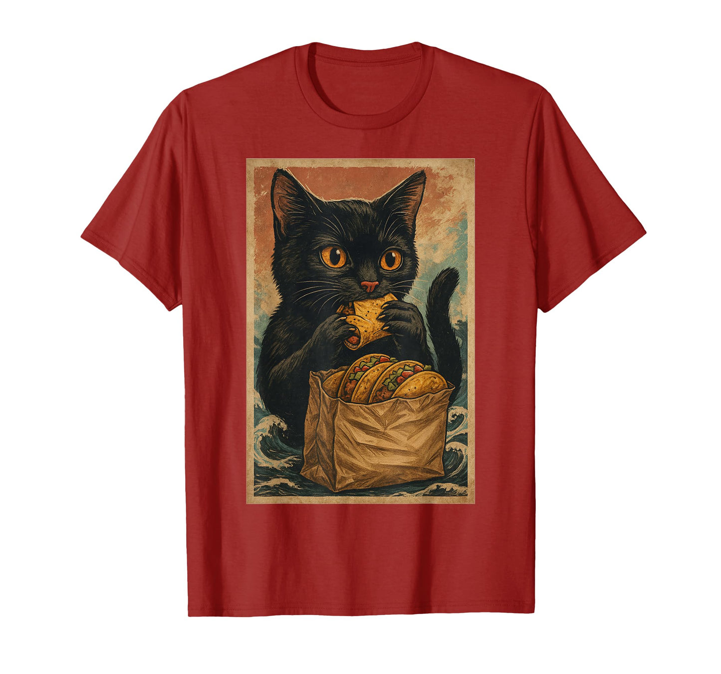 Funny Black Cat Eating Tacos Retro Japanese T-Shirt